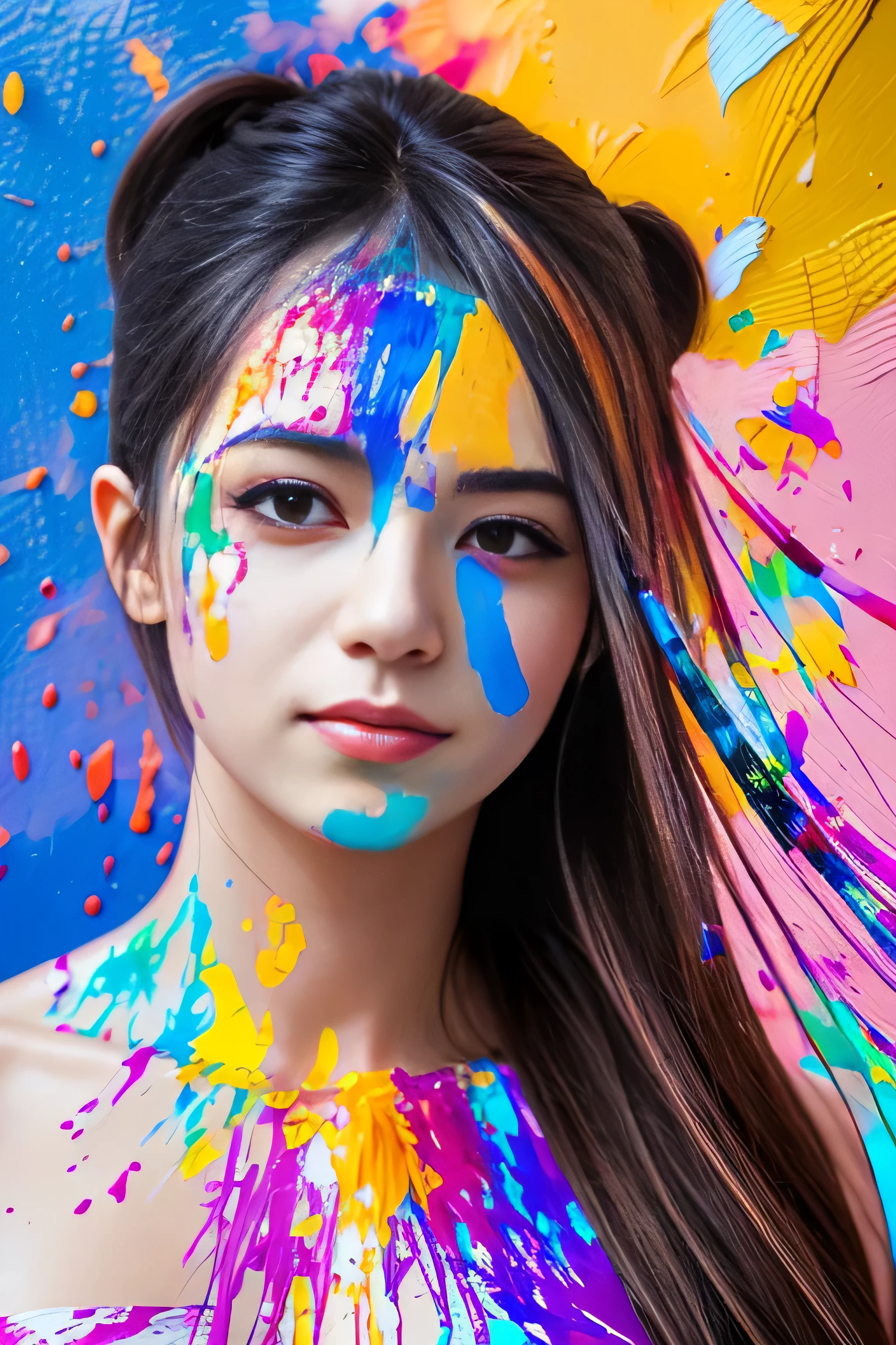 (RAW image quality:1.4), (level difference:1.8),(Paint collides and splatters on the canvas),(written boundary depth),1 girl, 14 years old, Japanese, ((Lots of colorful enamel paints:1.4)), (exposed to explosive amounts of paint:1.4), (Paint splatters:1.3), (hide something big with both hands:1.4), liquid state,amazingly beautiful, masterpiece, detailed background,Super high quality model, amazing background,abstract beauty, (((A large amount of paint flows down, cover most of the body.:1.4))), (((A large amount of paint so that the shape of the chest is no longer visible:1.4))), ((colorful full body paint:1.4)), explosive volumetric, Oil,Heavy Stroke,romantic lighting,Scattered beneath the surface,lens 135mm,f1.8,shine,8K,High resolution, dream-like,ray tracing,HDR,god'light,