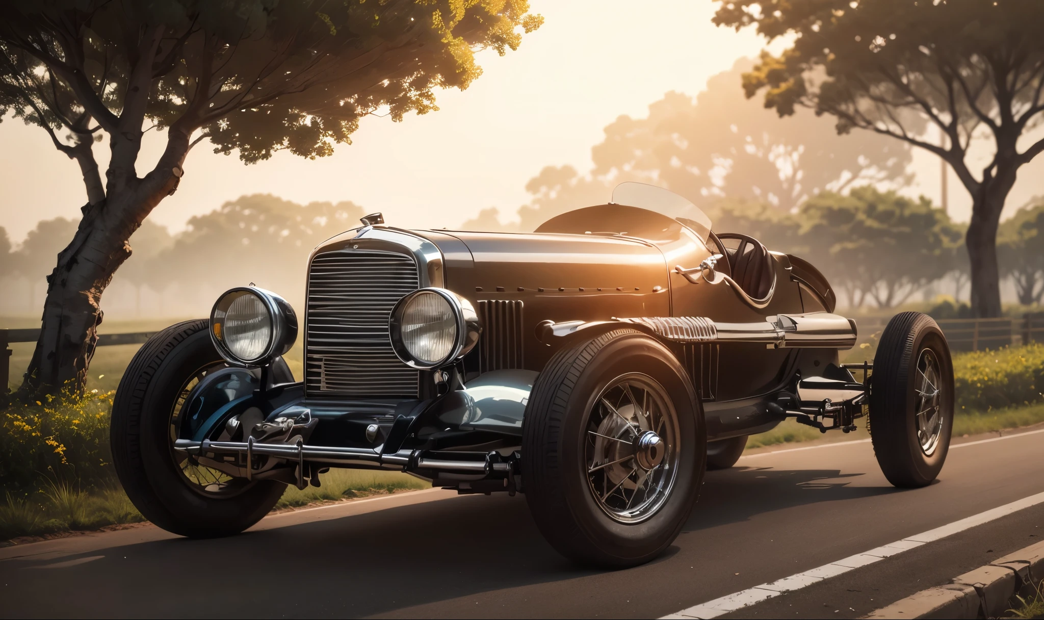 Um Carro esporte vintage cinza metalizado personalizado sendo dirigido por um homem em uma estrada sinuosa. The car is moving, with trees lined up on both sides of the road. I want an image that captures the feeling of an exciting journey, com o homem curtindo o passeio em um dia ensolarado.