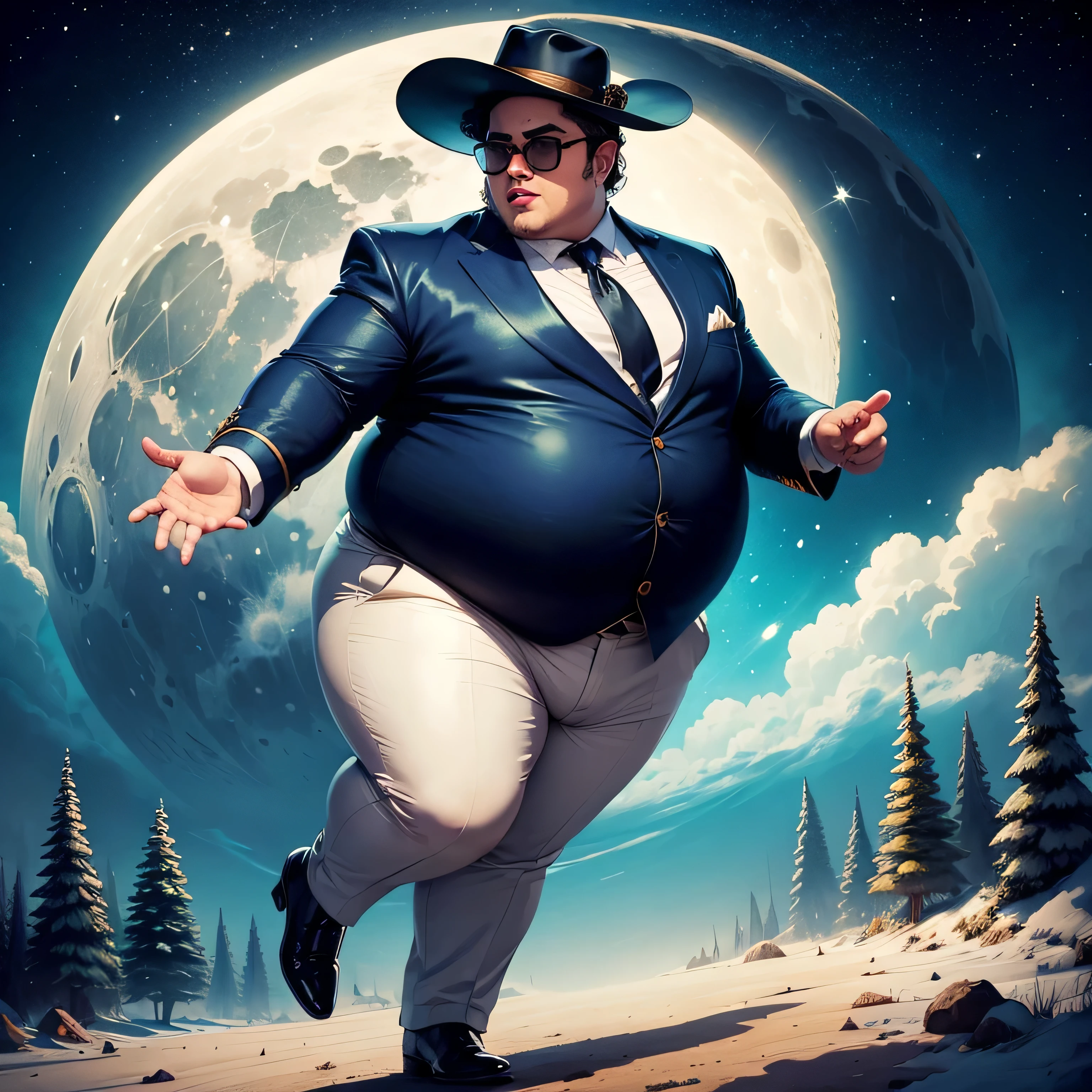 fat man with glasses, micheal jackson clothing, borsalino hat, moonwalk pose, big moon on background