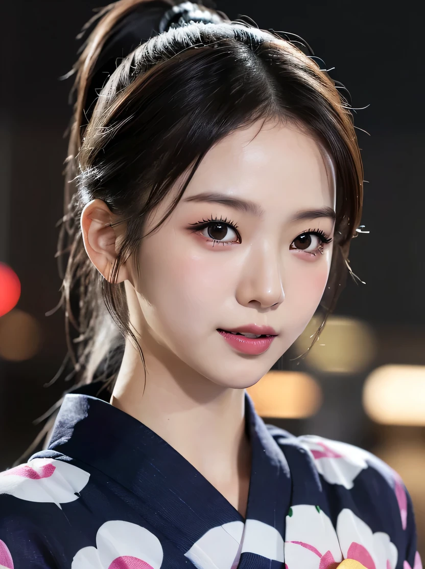 ((masterpiece、highest quality、genuine、Super detailed、High resolution、photogenuineistic、sharp focus、genuineistic photo、Live shooting、cinematic lighting))、((((fancy yukata、short ponytail)))、Portrait of a Japan girl、bust shot、(Walking sideways、festival、City of night)、(very dark lip gloss)、open your mouth、soft light、blurred background、genuineな顔、genuineなボディ、genuineな肌、cute smile、detailed hand drawing