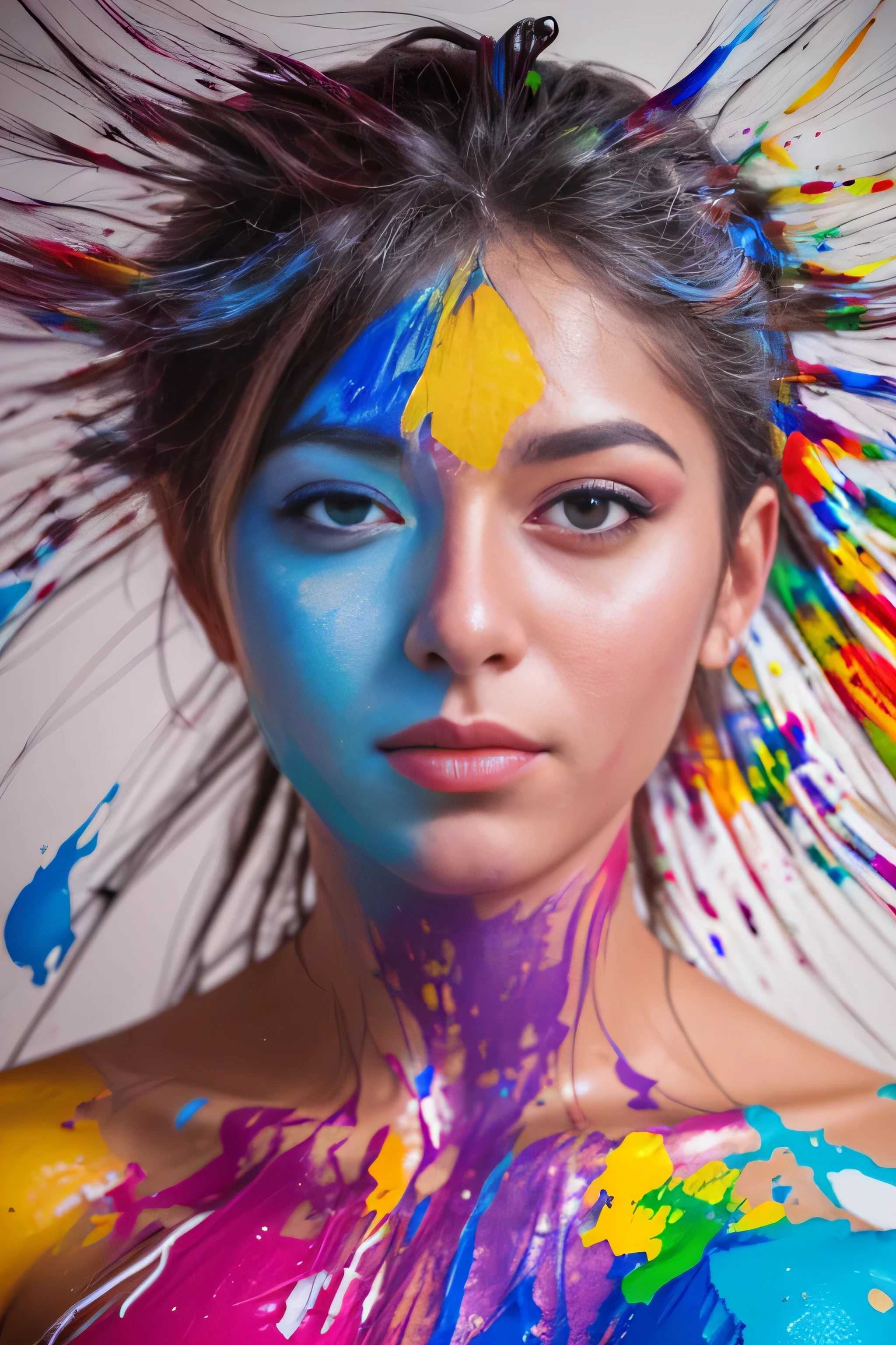 full body shot of a beautiful female supermodel covered in paint, Jewel bug, color background, dripping liquid color down her face, paint splatters, shot by ZHANG JINGNA