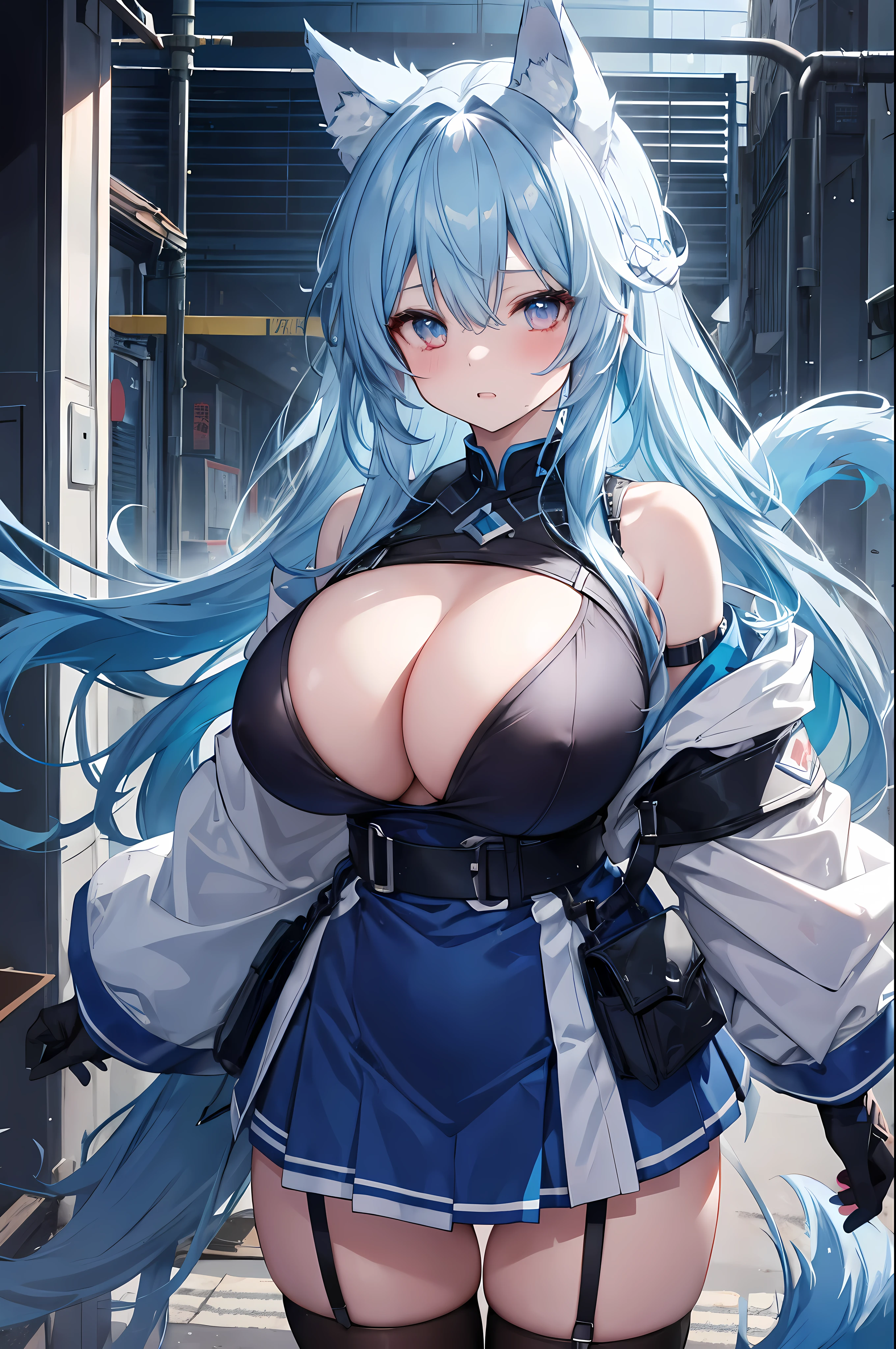 light blue hair、blue mesh over right eye、wolf ears、Wolf's Tail、Double teeth、2 ahoge on head、wonderful、girls、huge breasts、red blush、strong、Department of Mines、long