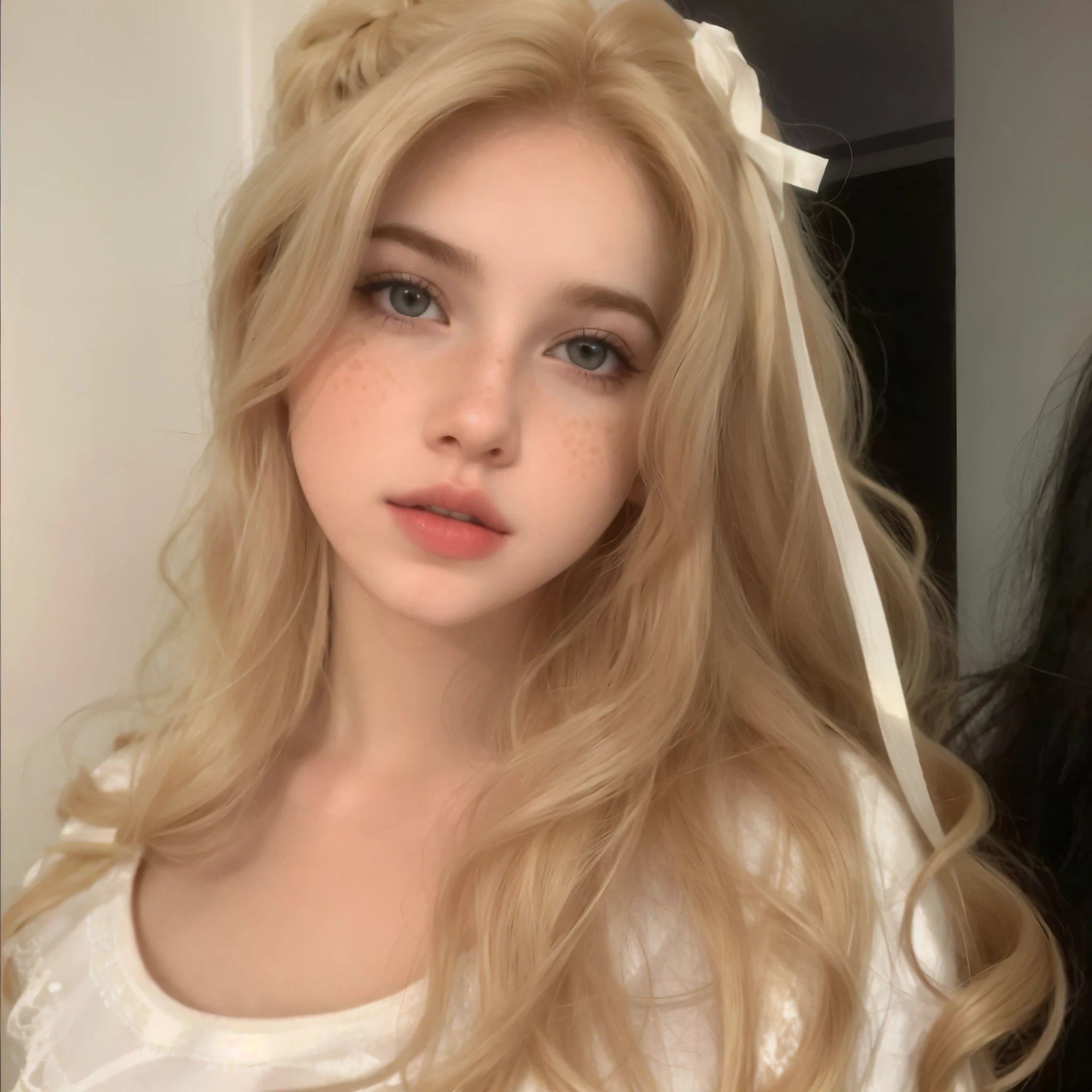 Mujer de pelo rubio con pecas y un lazo blanco en el pelo., pale skin curly blonde hair, long cabello rubio y ojos grandes, young beautiful amoranto, pelo largo y rubio y ojos grandes, very very pale blonde hair, amoranto, extremely pale blonde hair, ava max, cabello rubio y ojos grandes, con pelo largo y rubio, better known as amoranto