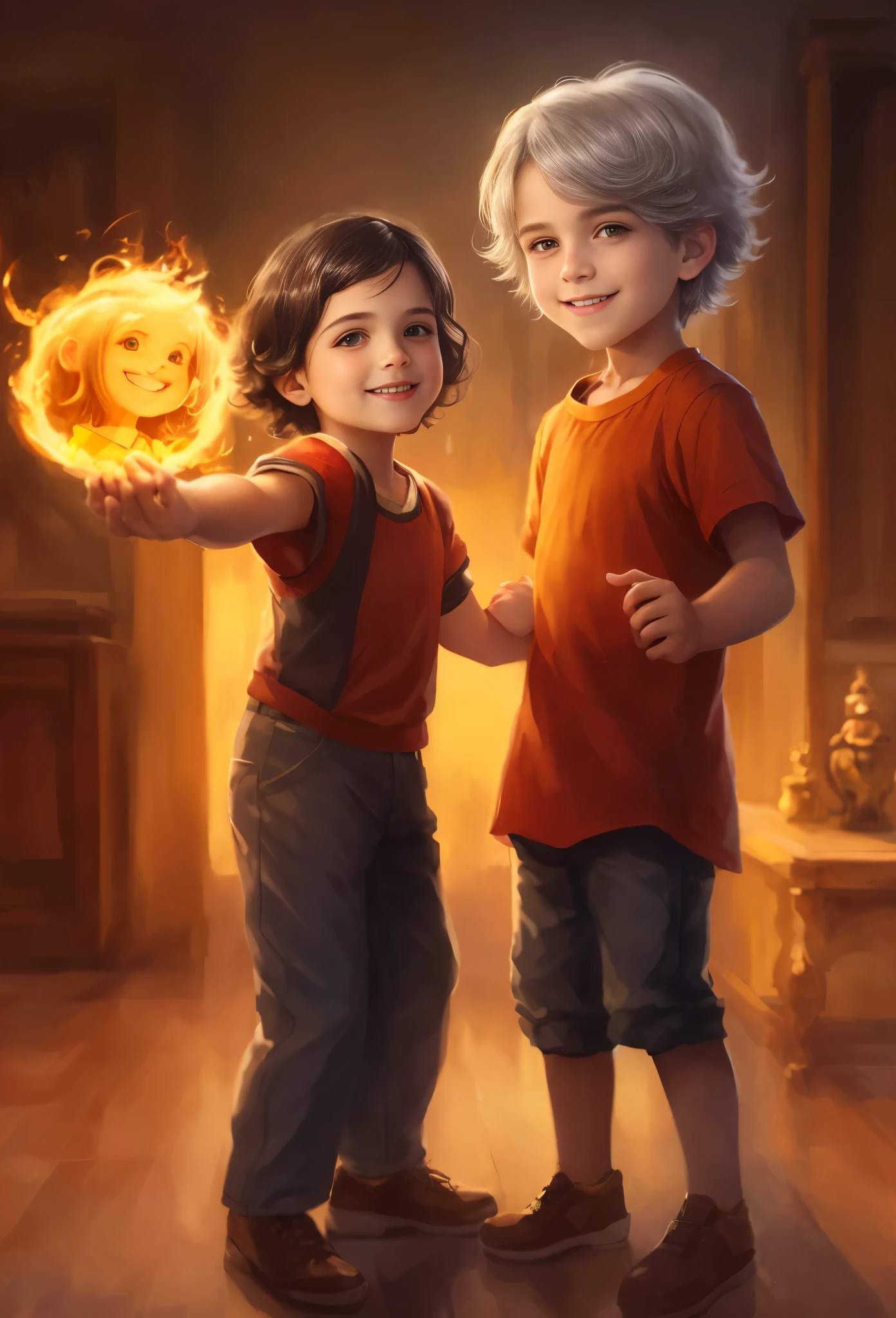 High resolution, portrait, boy and girl with dark hair, , light gray hair, short haircut, yellow eyes, smile, crown, portrait, ballroom in the background, realism, fantasy