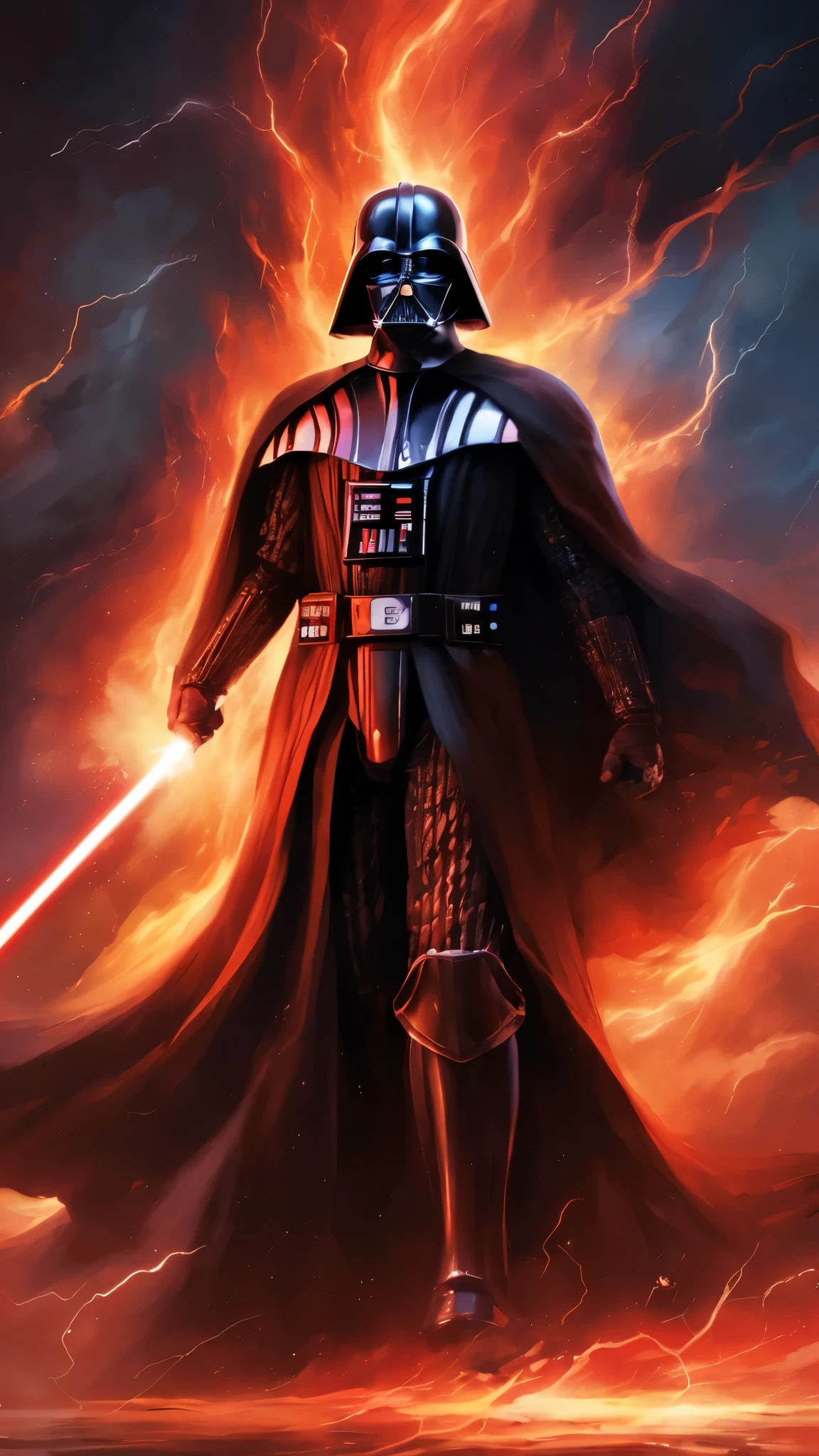 (realistic:1.3), intricate details,painting \(artwork\), ((masterpiece,best quality)), ((cinematic light)), Darth Vader, \(style\), detailed armor, detailed helmet, Darth Vader, surrounded by flames and lightning with thunder, segurando um sabre de luz vermelho.