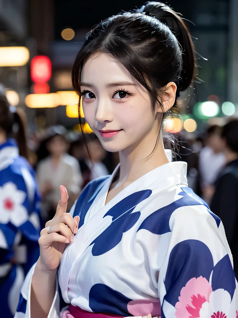 ((masterpiece、highest quality、genuine、Super detailed、High resolution、photogenuineistic、sharp focus、genuineistic photo、Live shooting、cinematic lighting))、((((fancy yukata、short ponytail)))、Portrait of a Japan girl、bust shot、(Walking sideways、festival、City of night)、(very dark lip gloss)、open your mouth、soft light、blurred background、genuineな顔、genuineなボディ、genuineな肌、cute smile、detailed hand drawing