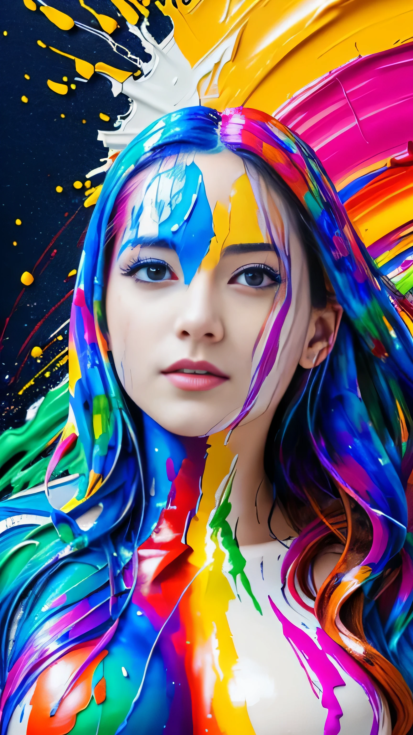 (RAW image quality:1.4), (level difference:1.8),(Paint collides and splatters on the canvas),(written boundary depth),1 girl, , Japanese, ((Lots of colorful enamel paints:1.4)), (exposed to explosive amounts of paint:1.4), (Paint splatters:1.3), (hide something big with both hands:1.4), liquid state,amazingly beautiful, masterpiece, detailed background,Super high quality model, amazing background,abstract beauty, (((A large amount of paint flows down, cover most of the body.:1.4))), (((A large amount of paint so that the shape of the chest is no longer visible:1.4))), ((colorful full body paint:1.4)), explosive volumetric, Oil,Heavy Stroke,romantic lighting,Scattered beneath the surface,lens 135mm,f1.8,shine,8K,High resolution, dream-like,ray tracing,HDR,god'light,