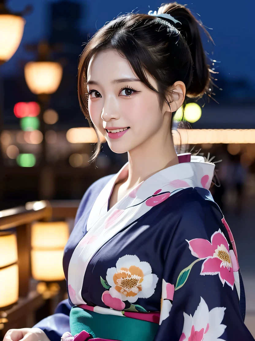 ((masterpiece、highest quality、genuine、Super detailed、High resolution、photogenuineistic、sharp focus、genuineistic photo、Live shooting、cinematic lighting))、((((fancy yukata、short ponytail)))、Portrait of a Japan girl、bust shot、(Walking sideways、festival、City of night)、(very dark lip gloss)、open your mouth、soft light、blurred background、genuineな顔、genuineなボディ、genuineな肌、cute smile、detailed hand drawing