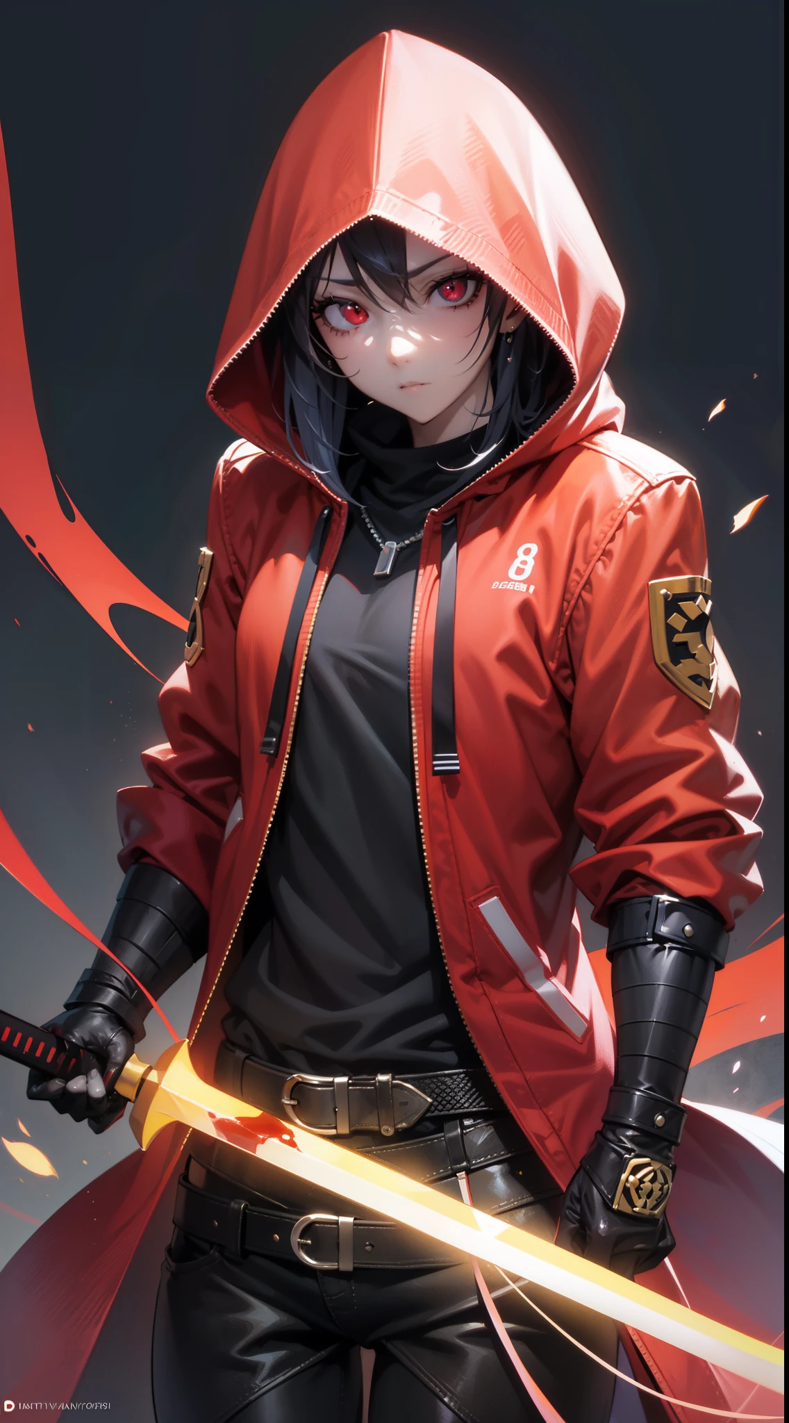 (best quality, 4k, 8k, highres, masterpiece:1.2), ultra-detailed, (anime: 1.2), anime character with red eyes and a black hoodie holding a sword, epic anime style, digital art from danganronpa, best anime 4k konachan wallpaper, badass anime 8 k, zerochan art, pixiv contest winner, nightcore, anime epic artwork, anime style artwork, bloody + concept art, by Shitao, advanced digital anime art ”