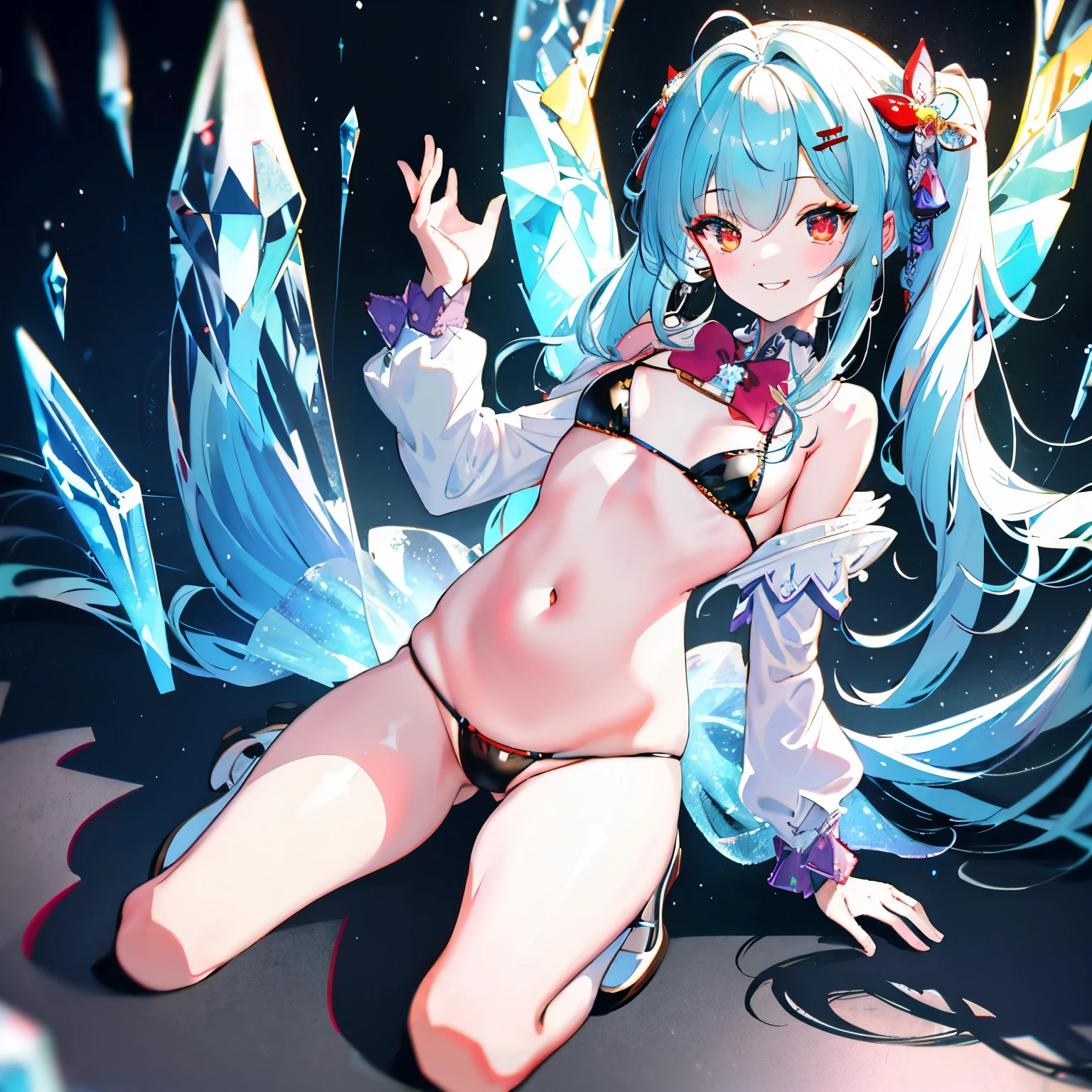Top Quality, Masterpiece, High Definition, Very Detailed, 8k, One Girl, Cute, Anime, Crystal Clear White Skin, Sensual, Full Body, 2nd Grade of Junior High School, , Beautiful Cute, Bow on Head, Too Many Hair Ornaments, Cute Micro Bikini Style, Crazy Worldview, Bloody, Eyes Glowing Suspiciously Red, Fairyland, Back road, crazy smile, hand on crotch, inviting， perfect anatomy