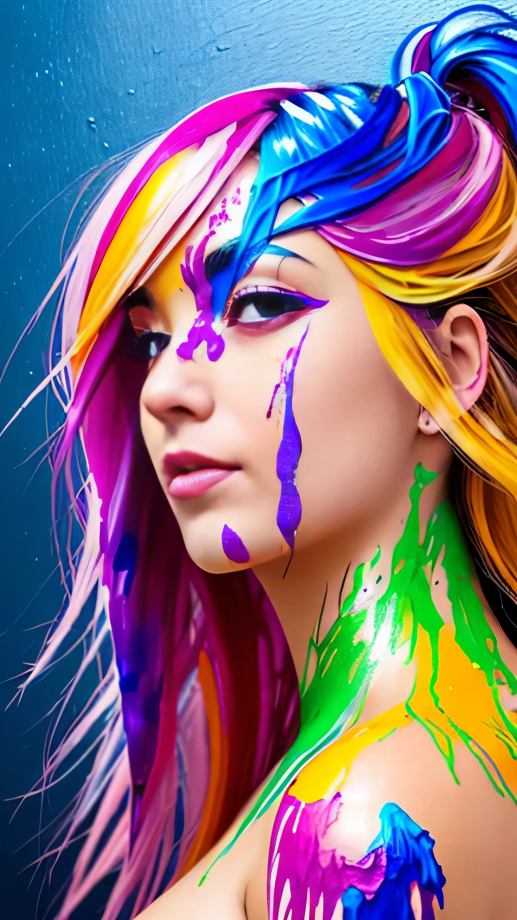 RAW image quality, (level difference:1.8),(Paint collides and splatters on the canvas),(written boundary depth),1 girl, 15 years old, Japanese, ((Lots of colorful enamel paints:1.4)), (exposed to explosive amounts of paint:1.4), (Liquid Paint Rainbow Hair:1.1) paint、defy gravity,thick stream,(Paint splatters:1.3), (hide something big with both hands:1.4), liquid state,amazingly beautiful, masterpiece, detailed background,Super high quality model, amazing background,abstract beauty, (((A large amount of paint flows down, cover most of the body.:1.4))), (((A large amount of paint so that the shape of the chest is no longer visible:1.4))), ((colorful full body paint:1.4)), explosive volumetric, Oil,Heavy Stroke,romantic lighting,Scattered beneath the surface,lens 135mm,f1.8,shine,8K,High resolution, dream-like,ray tracing,HDR,god'light,