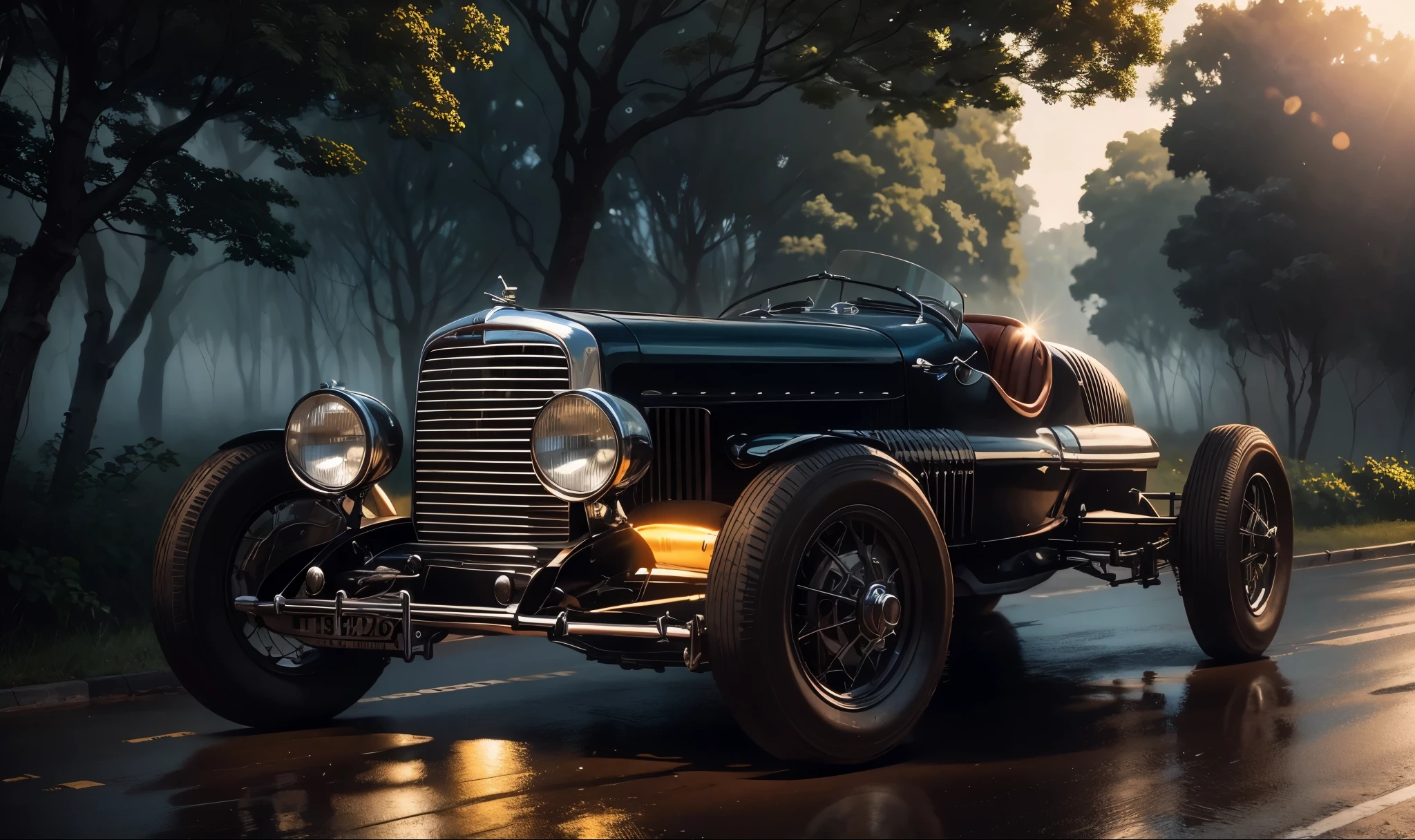 Um Carro esporte vintage cinza metalizado personalizado sendo dirigido por um homem em uma estrada sinuosa. The car is moving , with trees lined up on both sides of the wet road and spreading water everywhere at the speed of the car. I want an image that captures the feeling of an exciting journey, com o homem curtindo o passeio em um dia ensolarado.