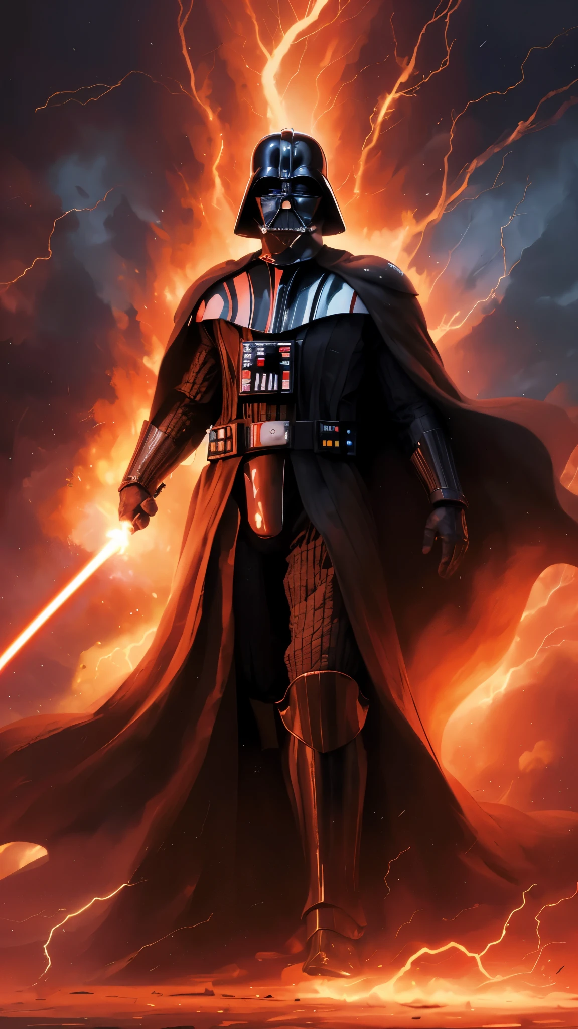 (realistic:1.3), intricate details,painting \(artwork\), ((masterpiece,best quality)), ((cinematic light)), Darth Vader, \(style\), detailed armor, detailed helmet, surrounded by flames and lightning with thunder, segurando um sabre de luz vermelho.