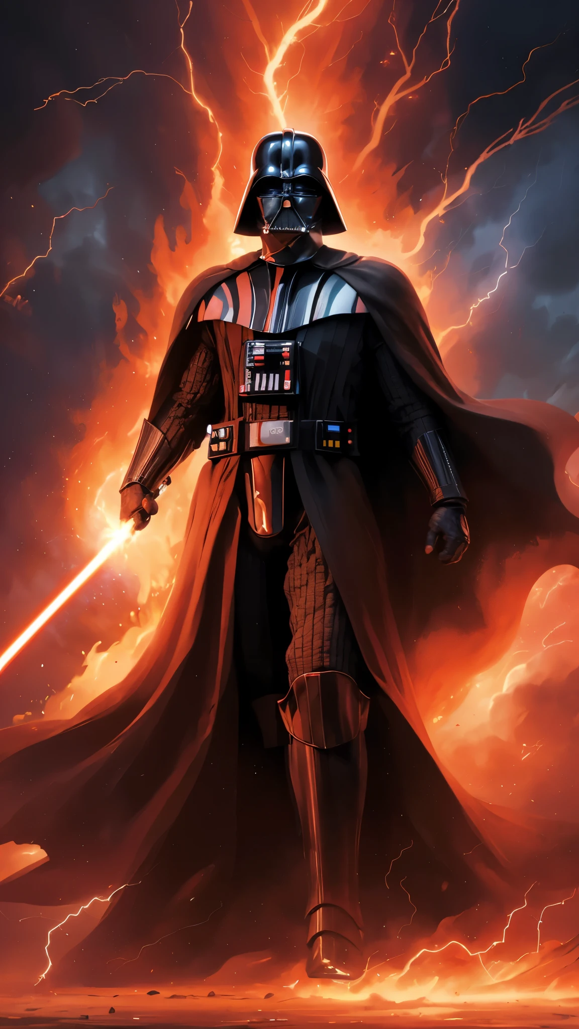 (realistic:1.3), intricate details,painting \(artwork\), ((masterpiece,best quality)), ((cinematic light)), Darth Vader, \(style\), detailed armor, detailed helmet, surrounded by flames and lightning with thunder, segurando um sabre de luz vermelho.
