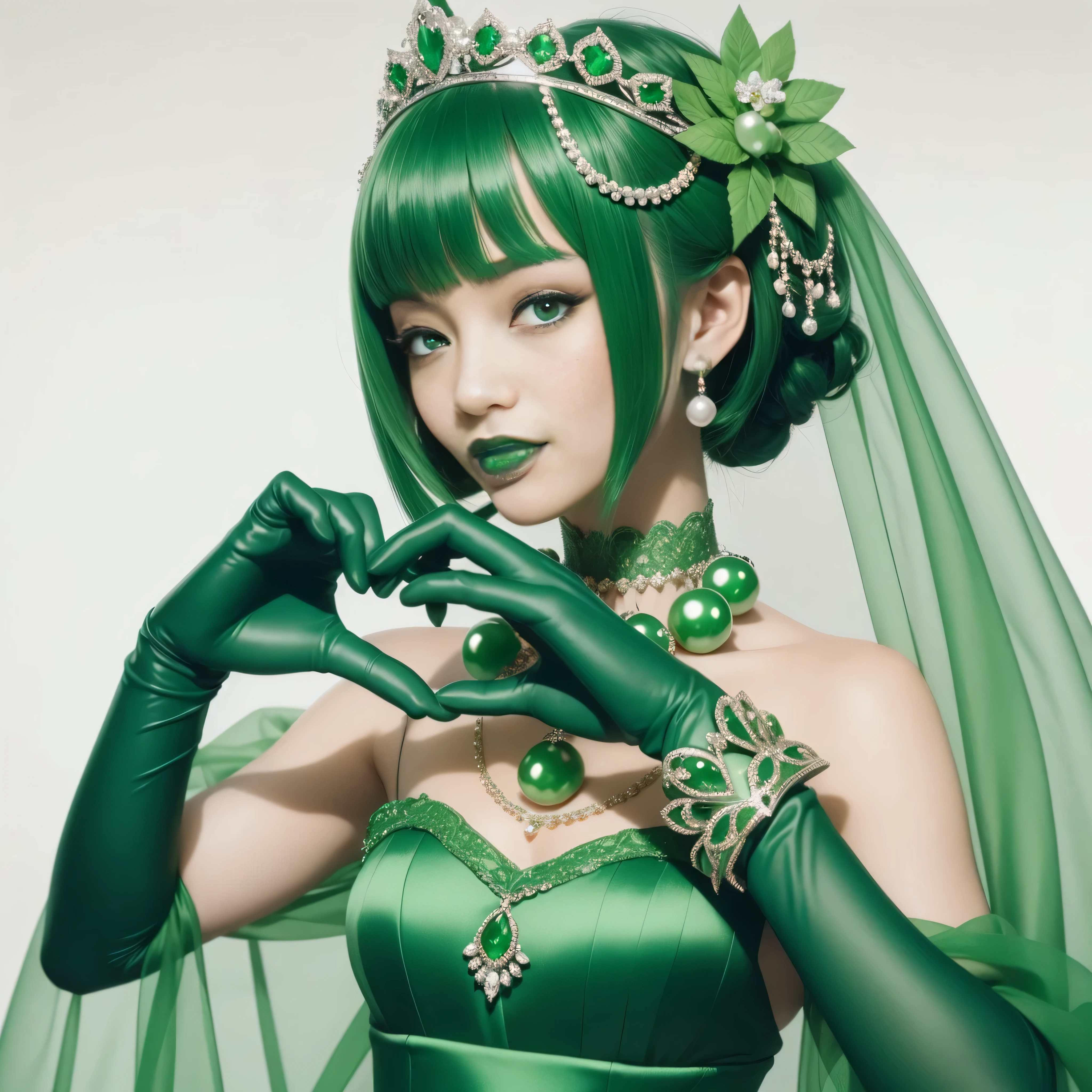 emerald tiara, green pearl necklace, ボーイッシュな非常に短いgreen hair, lipstick, smiling Japanese woman, very short hair, Beauty with large breasts, green eyes, Long Green Satin Gloves, green eyes, emerald earrings, green veil, heart with both hands, green hair, beautiful japanese woman, heart shaped hand:1.3, green lip gloss