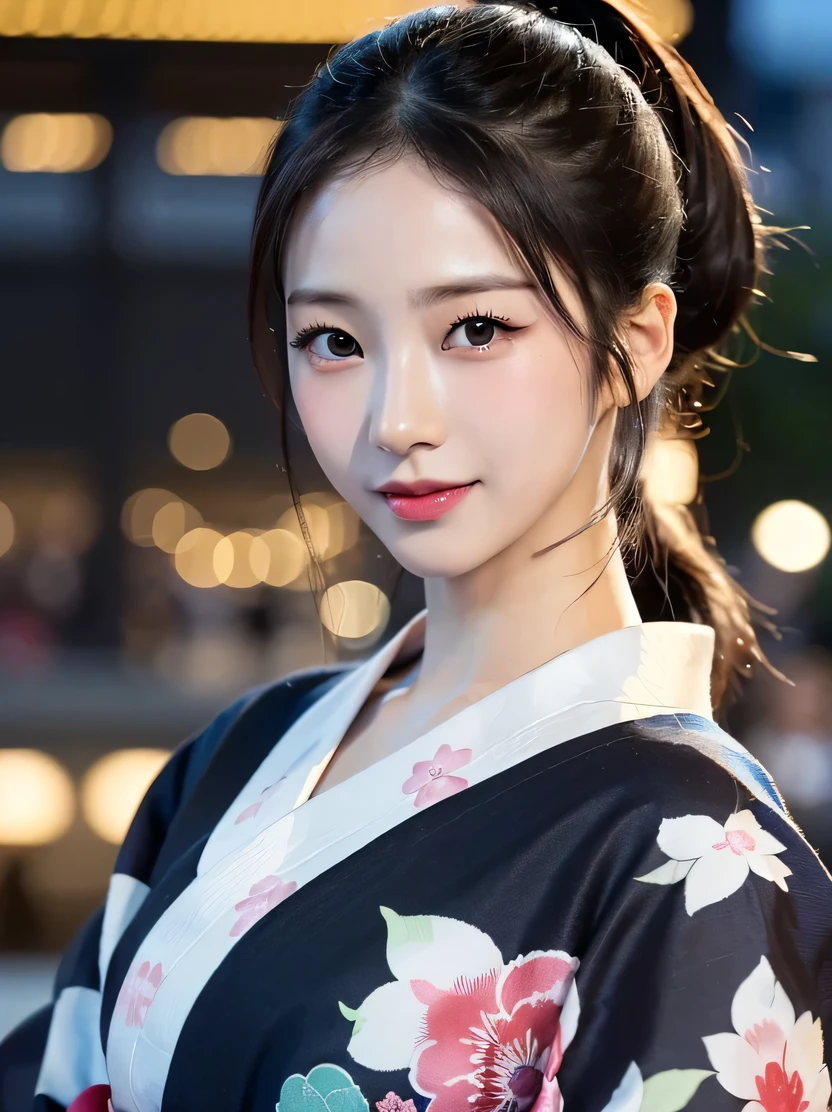 ((masterpiece、highest quality、genuine、Super detailed、High resolution、photogenuineistic、sharp focus、genuineistic photo、Live shooting、cinematic lighting))、((((fancy yukata、short ponytail)))、Portrait of a Japan girl、3/5 shot、(Walking sideways、festival、City of night)、(very dark lip gloss)、open your mouth、soft light、blurred background、genuineな顔、genuineなボディ、genuineな肌、cute smile、detailed hand drawing
