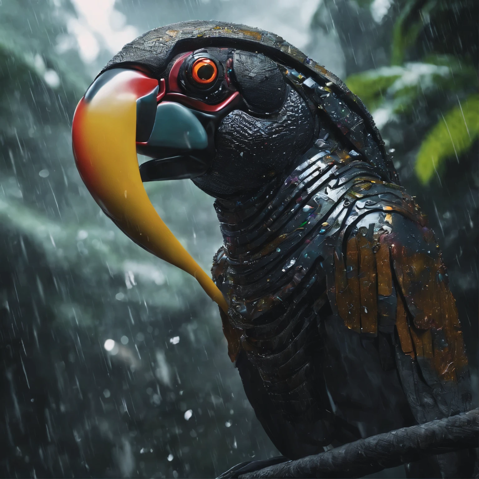 (Masterpiece, BestQuality:1,3),stylized cinematic photo with dof of a realistic highly-detailed toucan, partially covered in twisted metal wrap with ornate designs, overlapping glowing prismatic crystals partially covering bright yellow and white pearlescent asymmetrical curved panels, on a large gnarled tree branch in a misty tropical rain forest during sunset while raining