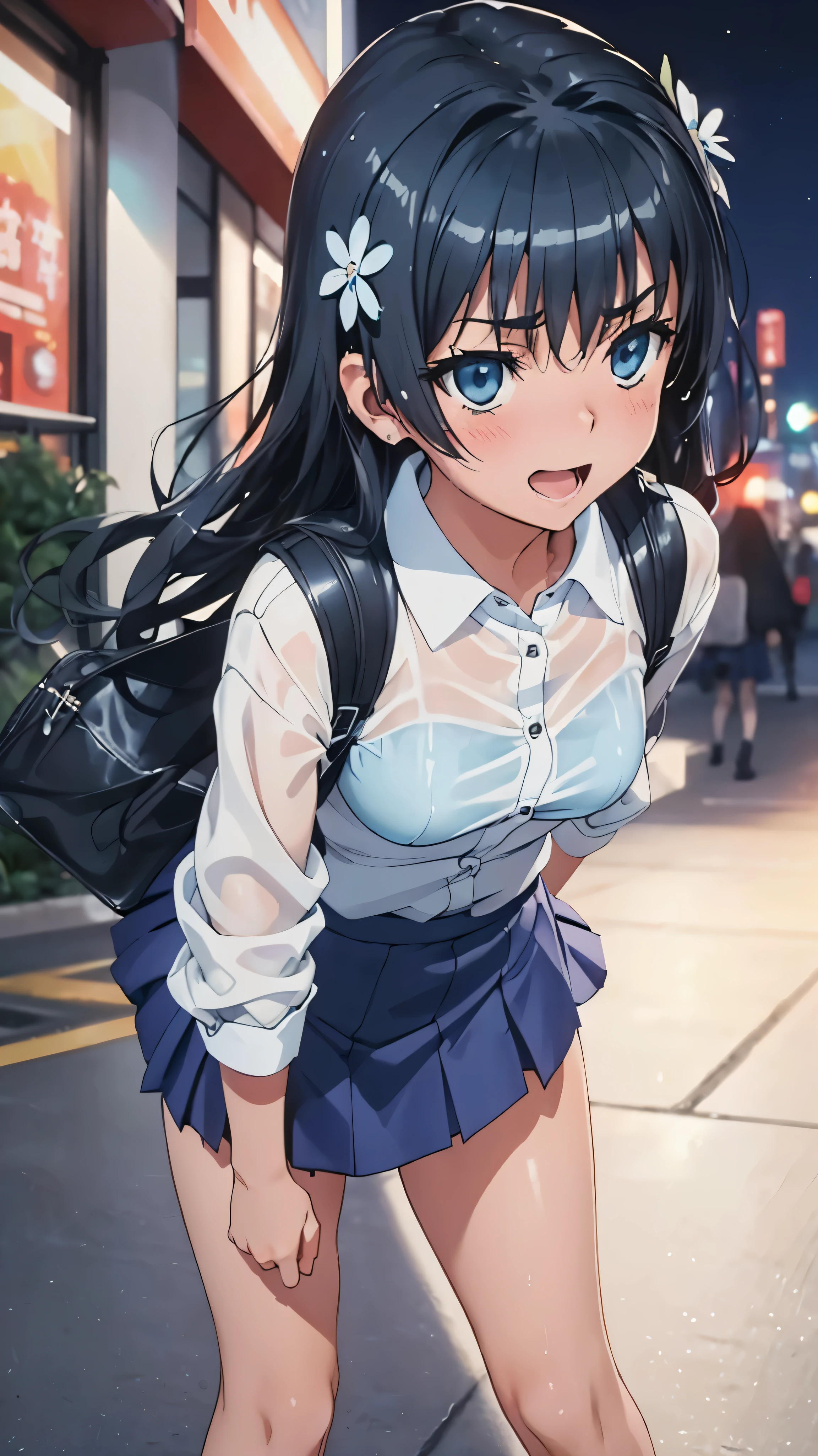 woman,14 years old,,city,night,(((white and blue tight miniskirt))),,open mouth smile(())(See-through),((lift the skirt)),((Satin Nariko)),blush、surprised face,((())),(())(wet with sweat)