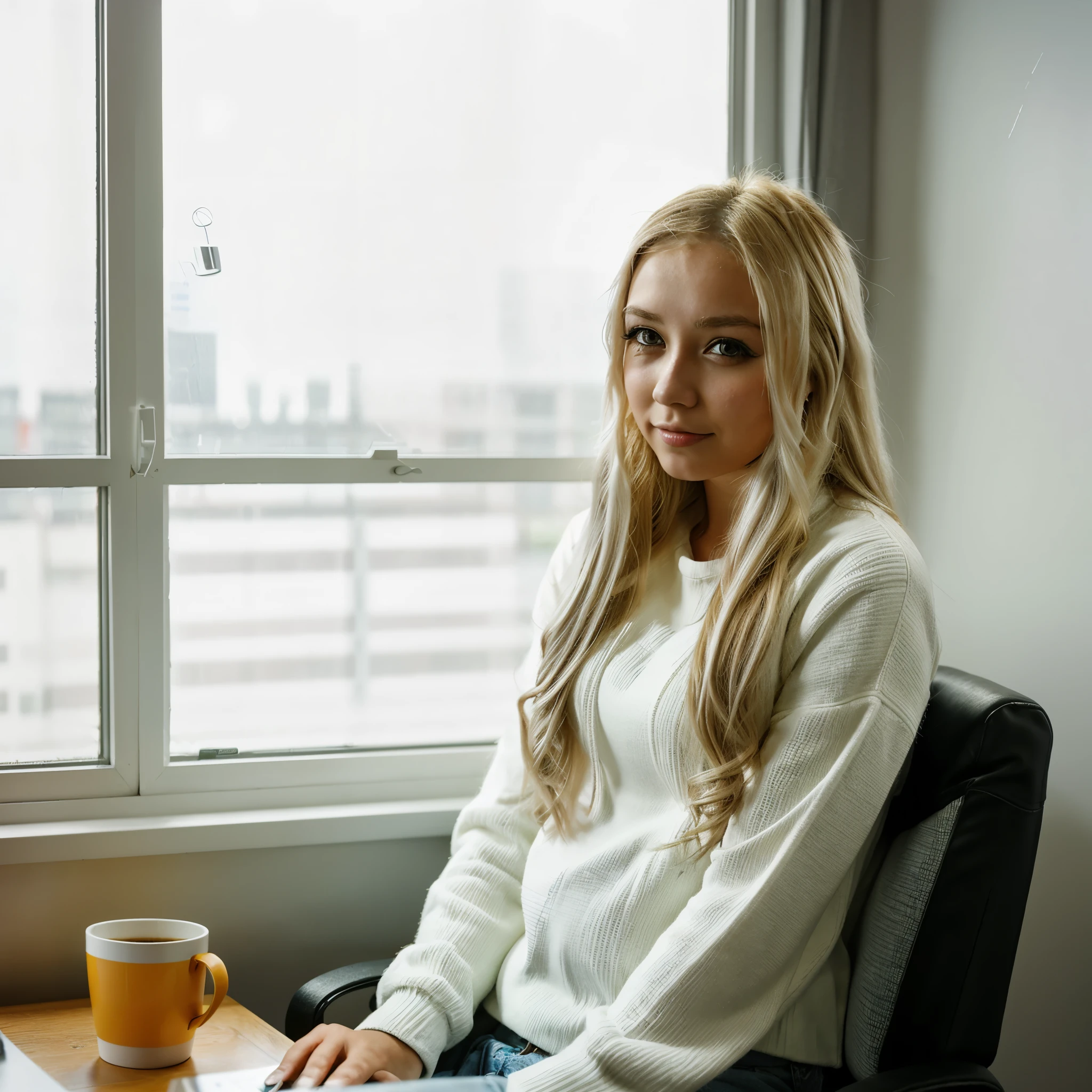 young woman, 23 years old, with blonde hair, sits in the office, there is a computer in front of her, Window on the background, it is raining outside the window. 