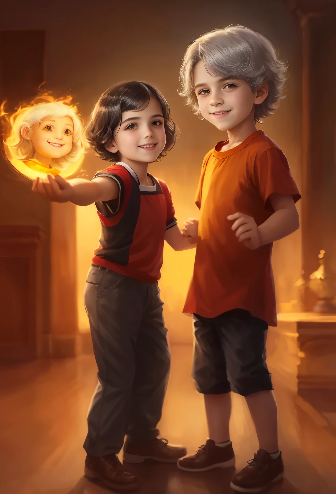 High resolution, portrait, boy and girl with dark hair, 8 years old, light gray hair, short haircut, yellow eyes, smile, crown, portrait, ballroom in the background, realism, fantasy