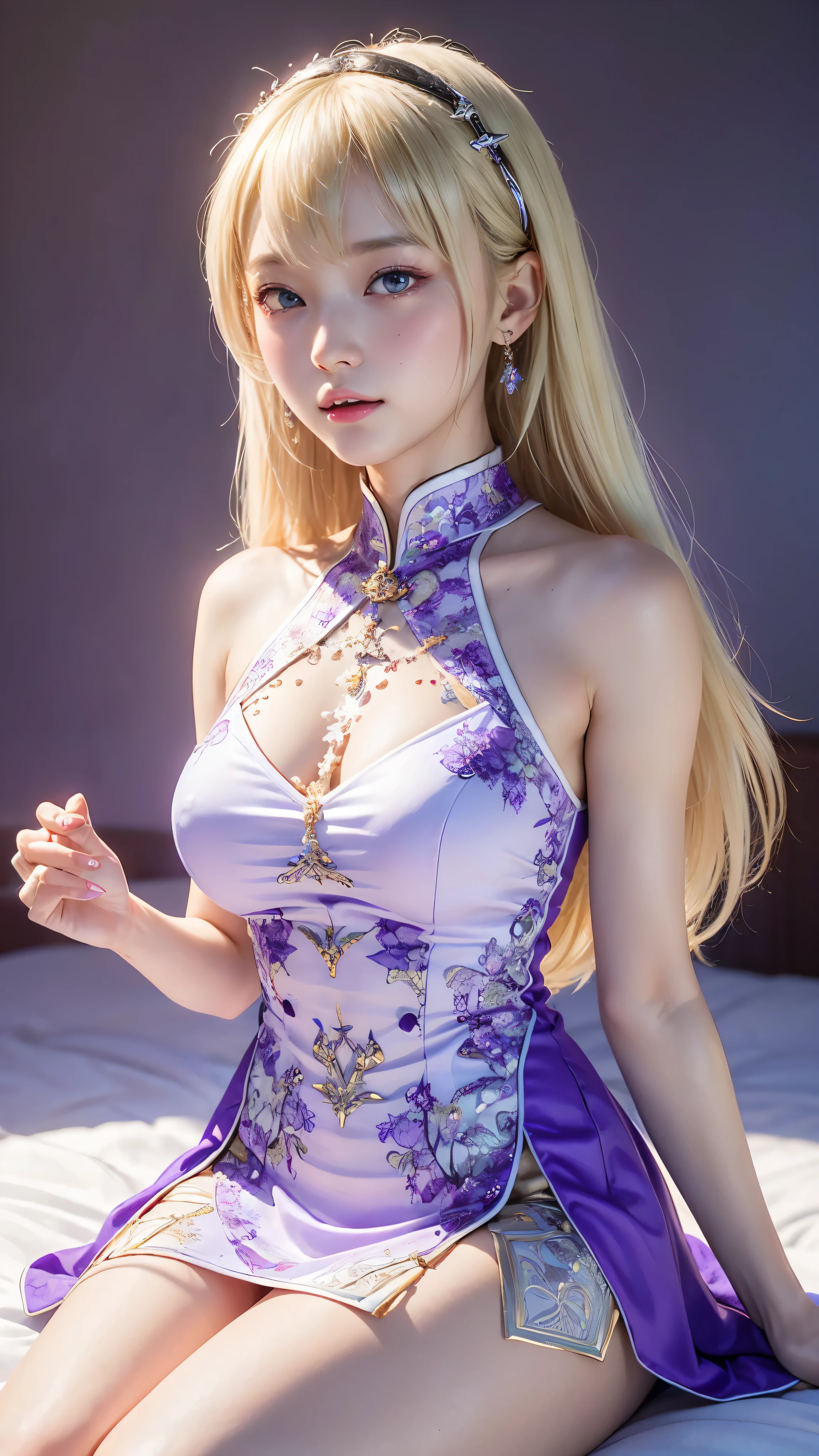 ((highest quality)), ((masterpiece)), (be familiar with:1.4), 3D, Image of a beautiful woman in a Chinese dress,nffsw(high dynamic range),ray tracing,NVIDIA RTX,super resolution,unreal 5,scattered below the surface,PBR texturing,Post-processing,anisotropic filtering,written boundary depth,maximum clarity and sharpness,multilayer texture,Albedo and specular maps,surface shading,Accurate simulation of light-matter interactions,perfect proportions,octane rendering,two-tone lighting,wide aperture,Low ISO、White balance、Rule of thirds、8,000 students、((straight long hair))(((white and purple cheongsam)))(((blonde)))((************))(())