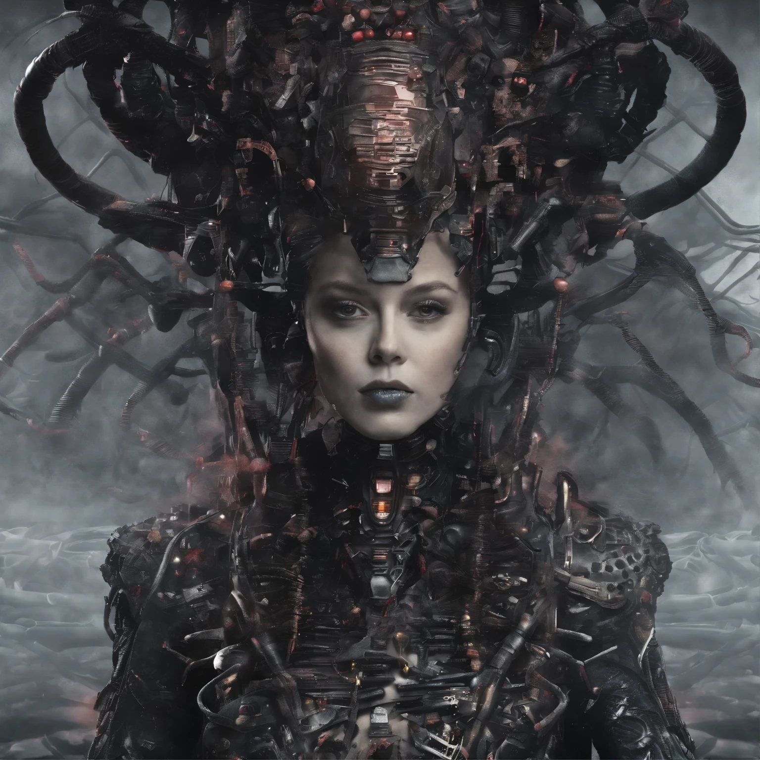 (Masterpiece, BestQuality:1,3),a photo of a highly-detailed Queen Of Hearts, covered in heavily rusted, decaying, fractured, and oxidized curved metal plates with lots of old frayed wires, ridged cables and damaged metal mesh in an atmospheric otherworldly misty wonderland hedge maze landscape