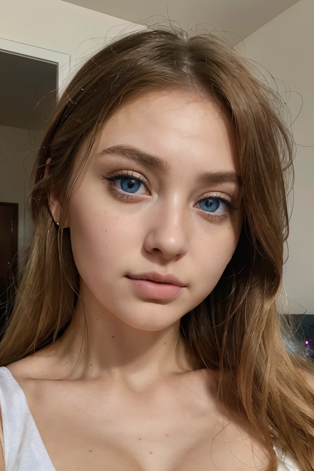 arafed woman fully , girl with blue eyes, ultra realistic, meticulously detailed, portrait sophie mudd, blonde hair and large eyes, selfie of a young woman, eyes, violet myers, without makeup, natural makeup, looking directly at the camera, face with artgram, subtle makeup, medium to large size bust