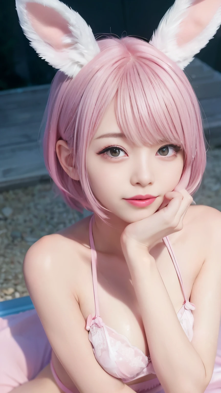 Pink rabbit ears、midnight、Midnight Party、夜のopen-air bath、late night、Bubble bath、cover your chest with your arms、open-air bath、Soak in a secret hot spring、Long-established inn、Tang Yan、Hide with a white towel、Pink short cut hair、pink hair color、full nude、Completely naked、wrap a bath towel、sprinkle with white cloth、Pink rabbit ears stick out of the head、the woman is japanese、K-pop、cute face、Small underwear、muste piece、Transparent white skin、pink hair、Beautiful rabbit woman、Healthy five-fingered not ragged、Number of normal fingers、small breasts、short cut bob、不快感のないAnatomically correct number of fingers、beautiful nose、beautiful eyes、Pink short cut hair、(8K, highest quality, masterpiece:1.2), (real, photorealistic:1.37)、cute、(A sloppy smile:1.15)、(smile)、small breasts、(short hair:1.2)、master piece、ピンクのshort cut bob、realなウサギの耳、ピンクのrealなウサギの耳、頭から突き出ているウサギのrealな耳、pink hair、A beautiful girl with a bewitching atmosphere、beautiful shaped hands、K-pop、Pink rabbit ears、1 girl、Report、masterpiece、highest quality、real、hyper detail、disorganized、短いpink hair、Slender beauties、dynamic lighting、High resolution、sharp focus、Depth of bounds written、(thick thighs:1.0)、slender :1.2,((short cut bobの髪))、((K-pop:1.3)),Highly detailed face and skin texture、((troublesome)),Anatomically correct number of fingers,correct anatomy
