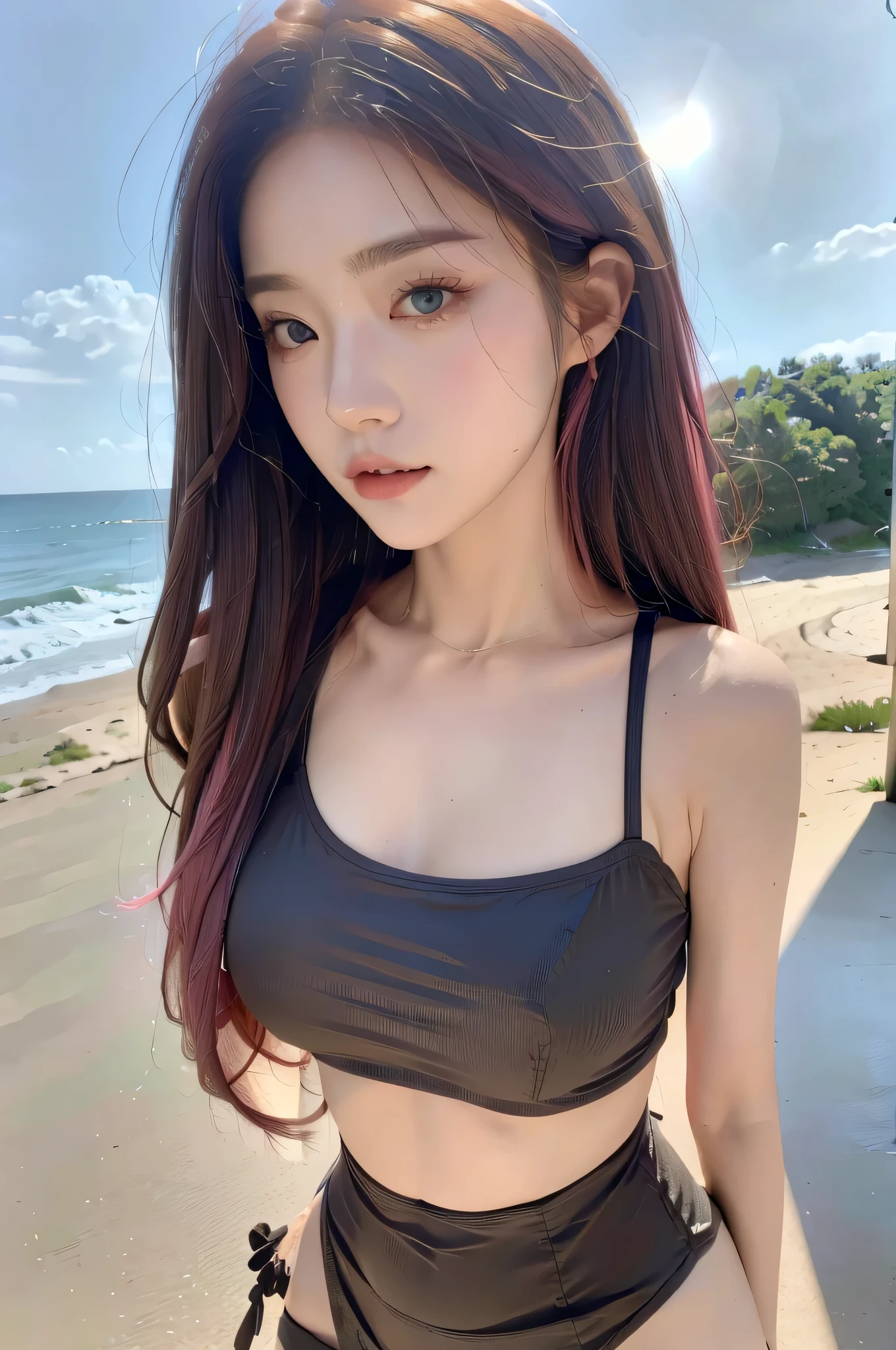 korean cute girl with pink hair and blue eyes on the beach