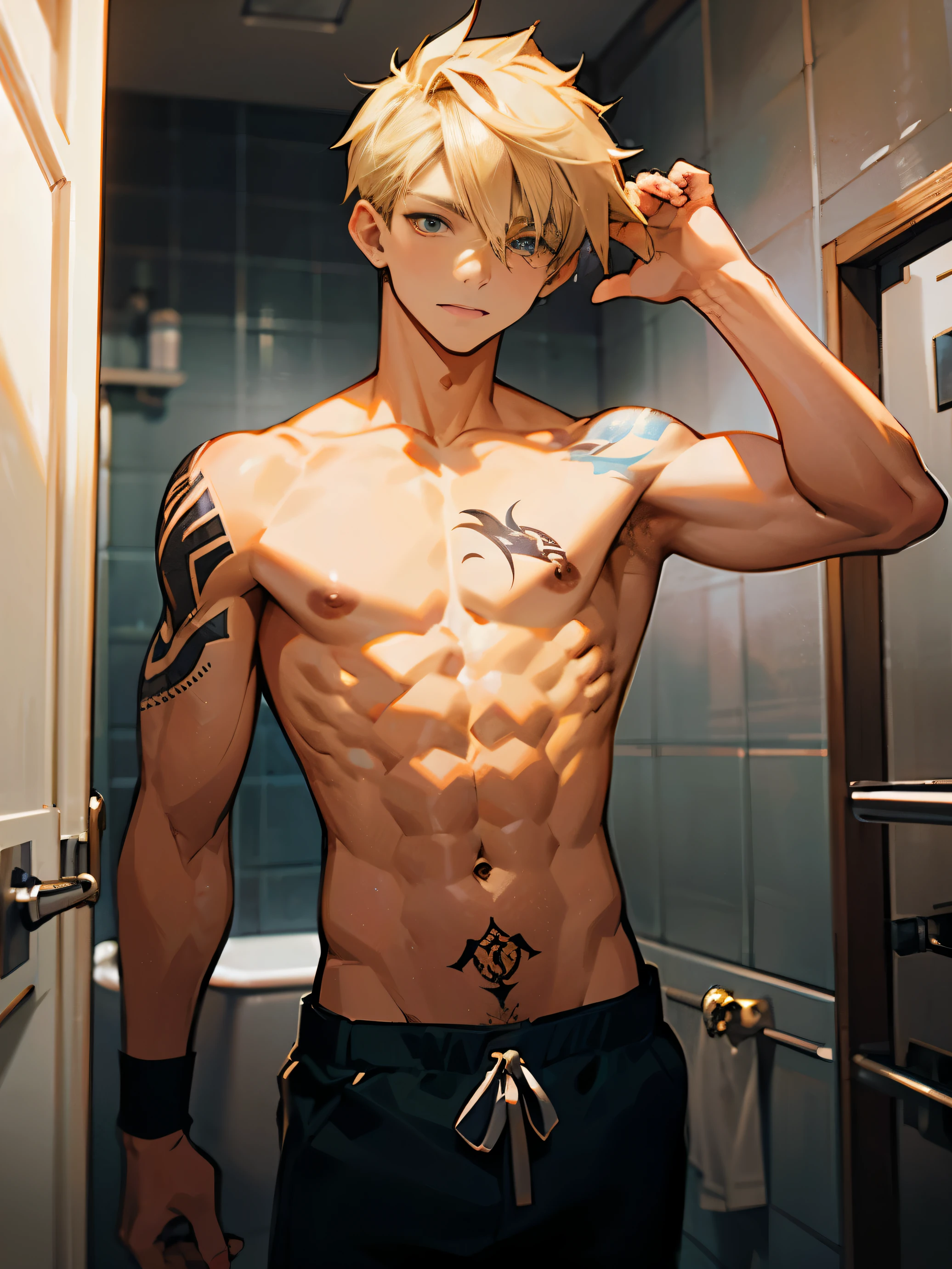 boy, topless in bathroom, showing abs for photo, blond hair, tattoos
