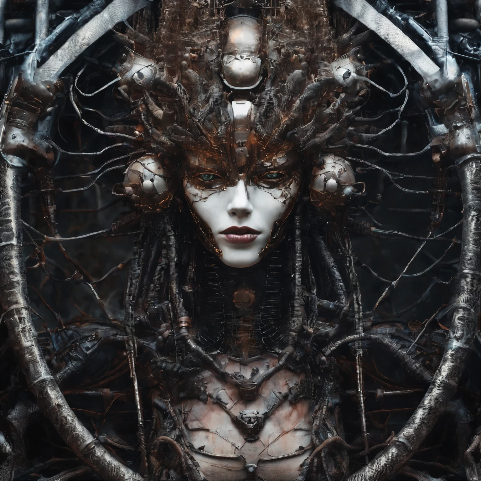 NSFW, a full womans body, morphing into realistic body, naked small tits, cameltoe, sitting with spread legs, vagina clear visible, wet vagina, wet floor, nude, psytrance y giger, symmetrical portrait scifi, dark rusty, giger portrait of queen dragon,hr giger style, cybernetic demon dreaming, iron rust, Aetherpunk Airbrush Arte Digital, en estilo de giger