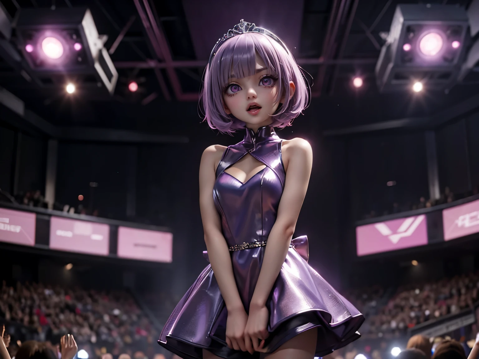 Beautiful woman with pink bob cut、silver tiara、(purple cyberpunk dress)、(open mouth)、(giving a speech in front of a crowd)、on the stage, standing, future space conference