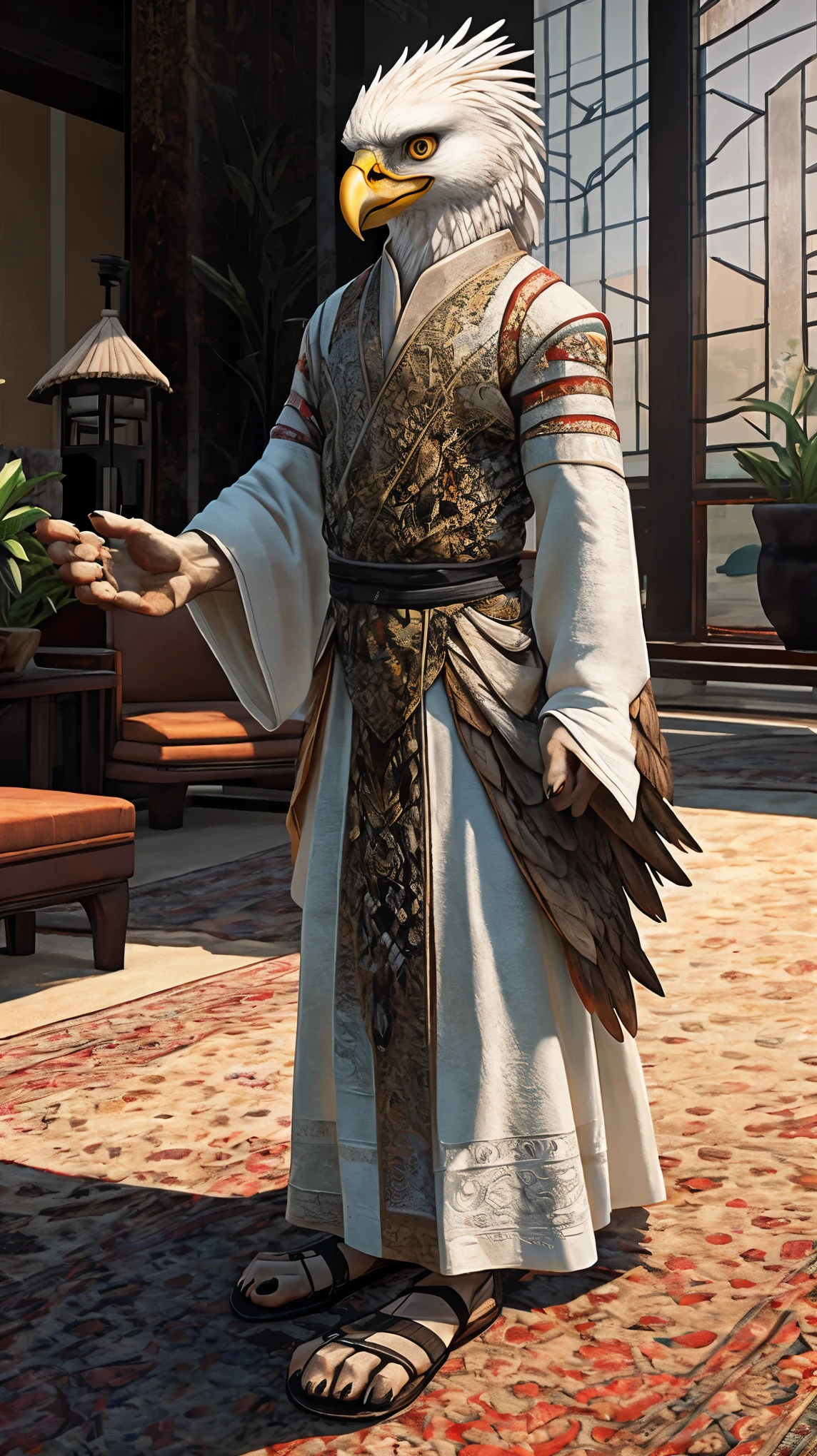 Bionic  eagle，White Dragon，female，White Hanfu，sandals，anthor，Children，Standing on the carpet in the hotel，HD graphics，Detailed and realistic，high detal，high qulity，photo-realistic，photorealistic eye，Detailed paws，Clear eyes，Masterpiece artwork，Five-fingered hands，top-quality，32k，hyper HD