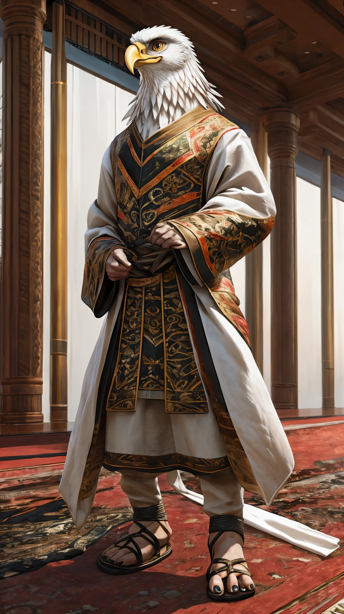 Bionic  eagle，White Dragon，female，White Hanfu，sandals，anthor，Children，Standing on the carpet in the hotel，HD graphics，Detailed and realistic，high detal，high qulity，photo-realistic，photorealistic eye，Detailed paws，Clear eyes，Masterpiece artwork，Five-fingered hands，top-quality，32k，hyper HD