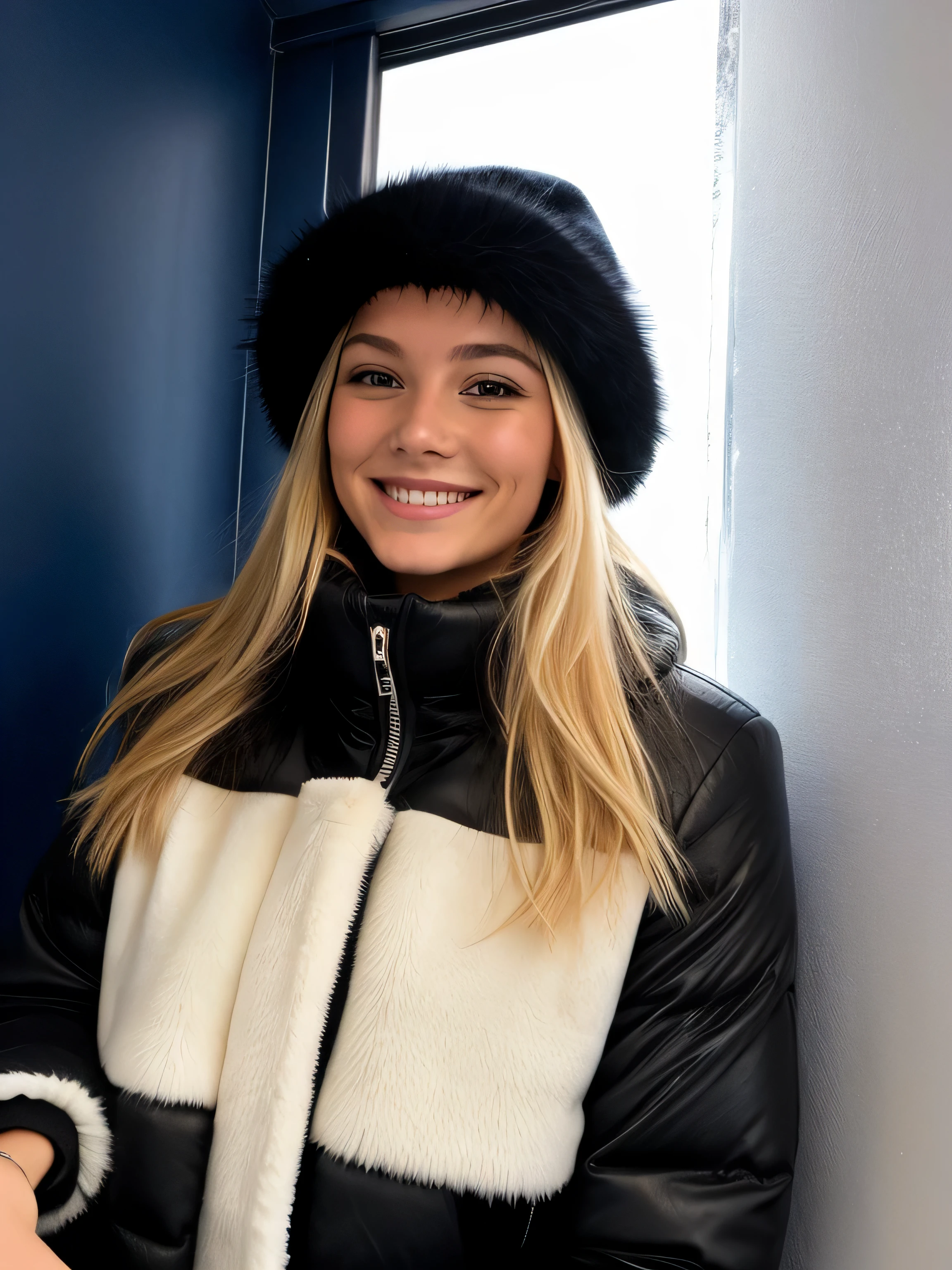une femme souriante blonde de 23 ans fais un selfie dans l'ascenseur devant la glace, on voit son téléphone photoréalisme, Cheveux blonds avec des racines châtain clair, cheveux blond, Cheveux avec des racines brunes,  yeux bleus, belle femme, vue de face, blouson noir d'hiver haute qualité, selfie