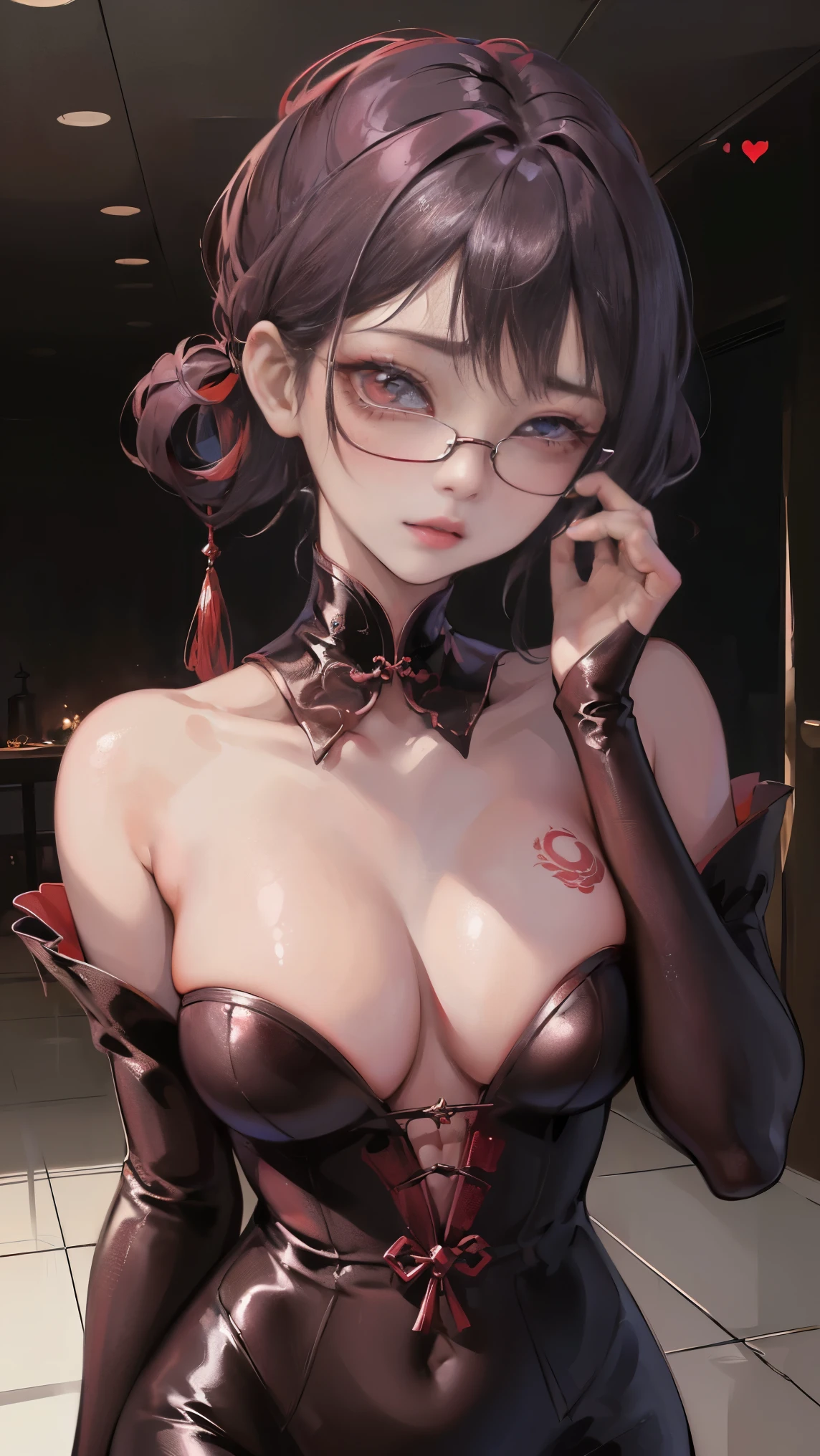 (best illustrations)、8k UHD resolution、intricate details、highest quality、realistic、Super detailed、best lighting、best shadows、soft lighting、Ultra HD、超realistic、Tyndall effect、Photoreal、(high detail skin:1.2)、 (intricate details, Complement, face to face_v1:0.5), (beautiful and delicate face, beautiful and delicate eyes, perfectly proportioned face, high resolution skins, fine skin, Optimal ratio of 4 fingers and 1 thumb, arm under chest, red tattoo on lower abdomen、wow wow, wide hips, smooth abdomen, thin and thin skin, __fashion__, __hair__:1.25)、Digital single-lens reflex camera、 absurd、(table top: 1.3), (maximum resolution: 1.2), (Ultra HDTV: 1.2), cinematic light, fine eyes and skin, detailed facial features, , (sharp focus: 1.2), (focus on face:1.2),perfect style, beautiful face, acura, anatomically correct, Highly detailed face and skin texture, fine eyes, double eyelid, thin eyebrows, glitter eyeliner: 1 natural cheeks, Glossy skin, Fair skin: 1.2, (glossy lips: 1.4),(embarrassed look: 1.2),Highly detailed face and skin texture, fine eyes, double eyelid, natural cheeks, glossy lips: 1.4,exposed cleavage、Bewitching。charm、 地獄から来た美しいdevilの女性, Surreal female portraits by David Hockney and Alphonse Mucha, charm女性の肖像画、fantasy art, chinese doll、Chinese actress、dungeon、dragon、devilの宮殿、devilの拷問室、night、dark style 、in the dark、(detailed spooky background:0.8), magic、 1 girl、evil nun、dark necromancer、Succubus、devilの娘、Shinonome Umi、bat wings,(((devilの角)))、 ((((round glasses)))),(((big breasts)))、(devil'tail)、(red eyesは光り輝いて:1.6)、red eyesは非常に鮮明で詳細です, your eyes are made up so beautifully, ((red eyes:1.0)),intricate tattoo, demonic intricate tattoo, Tattoo on the thigh, body tattoo, masterpiece、最もbeautiful face、baby face、cute smile、beautiful plump red lips、筋肉のcharm体、devilのcharm体、devil style、charmブラックマジックコスチューム、長hair、Braid、黒hair、ponytail、beautiful expression、body up、big breasts強調、bust, super tight chest, Breast augmentation surgery, The chest is very large and round,tight waist、wide ass、 secret key, cowboy lens, (Black Phoenix Dress: 1.0), devil crown, red sparkling gemstone necklace、Jewelry G Wise, Please wear black mesh socks,Wear light red、nffsw, nffsw, meet beautiful girls, look at the girl's body, 部屋でポーズをとる角とdevilのメイクを持つセクシーな女性, Renji Murata and Art Germ, 超realistic女子高生, japanese goddess, 美しいcharm的なアニメの女性, biomechanics , seductive anime girl, beautiful succubus, surreal , highly detailed art germ, hyper realistic anime, Captivating portrait of Tifa Lockhart