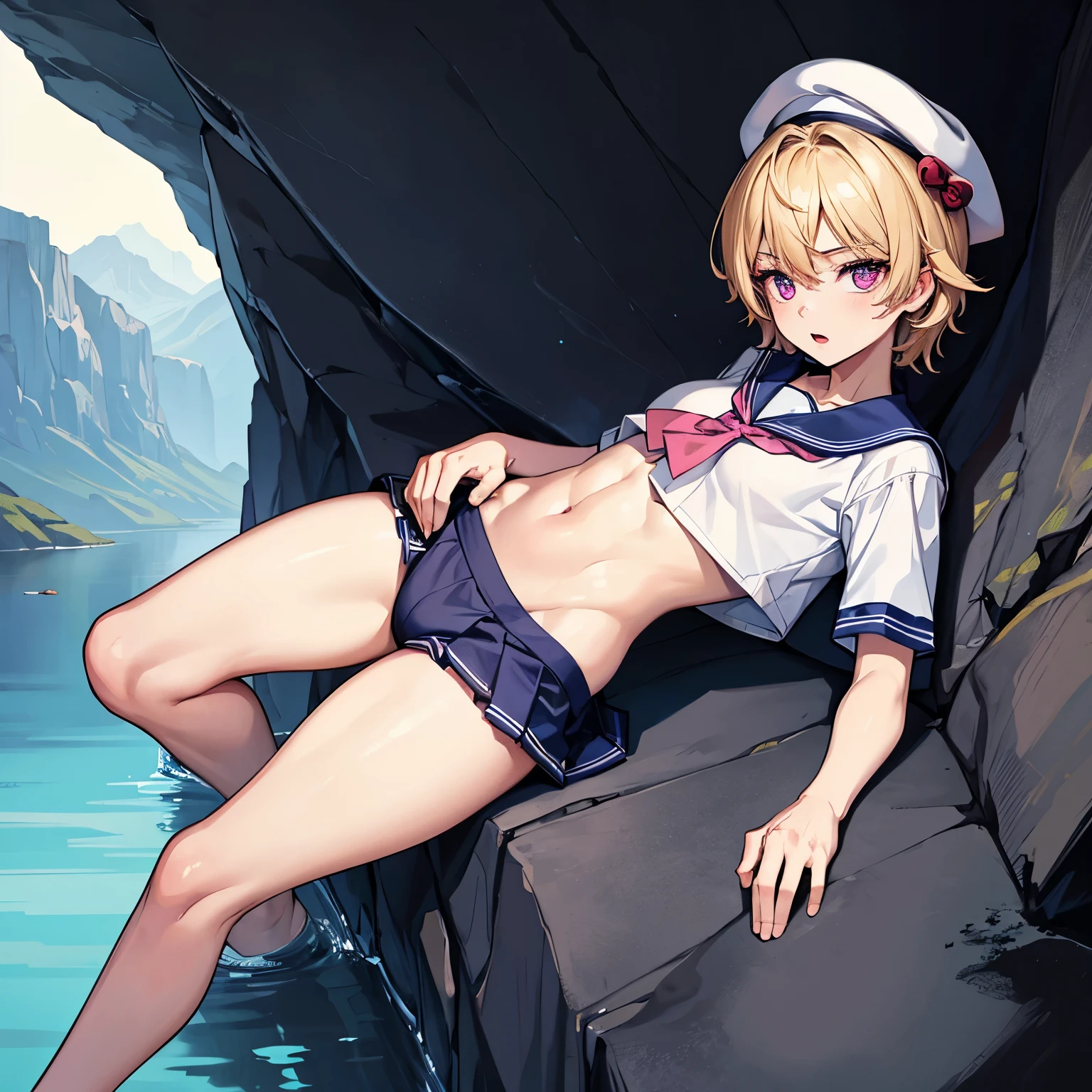 (masterpiece), 1boy, solo, best quality, expressive eyes, perfect face, (young boy, pretty boy), blond hair BREAK pink eyes BREAK sailor uniform, sailor hat, mountains, rocks, :D, exposed navel 