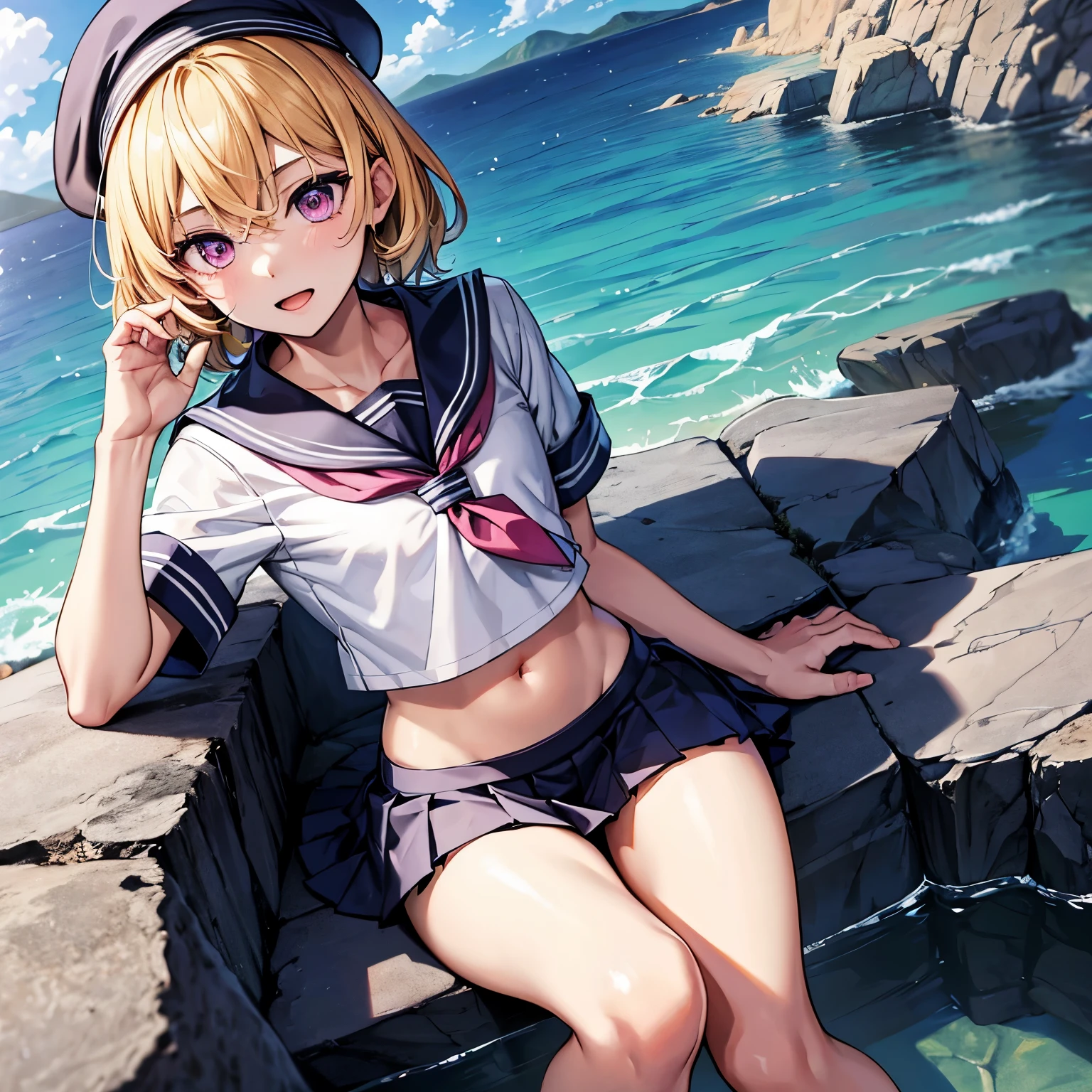 (masterpiece), 1boy, solo, best quality, expressive eyes, perfect face, (young boy, pretty boy), blond hair BREAK pink eyes BREAK sailor uniform, sailor hat, mountains, rocks, :D, exposed navel