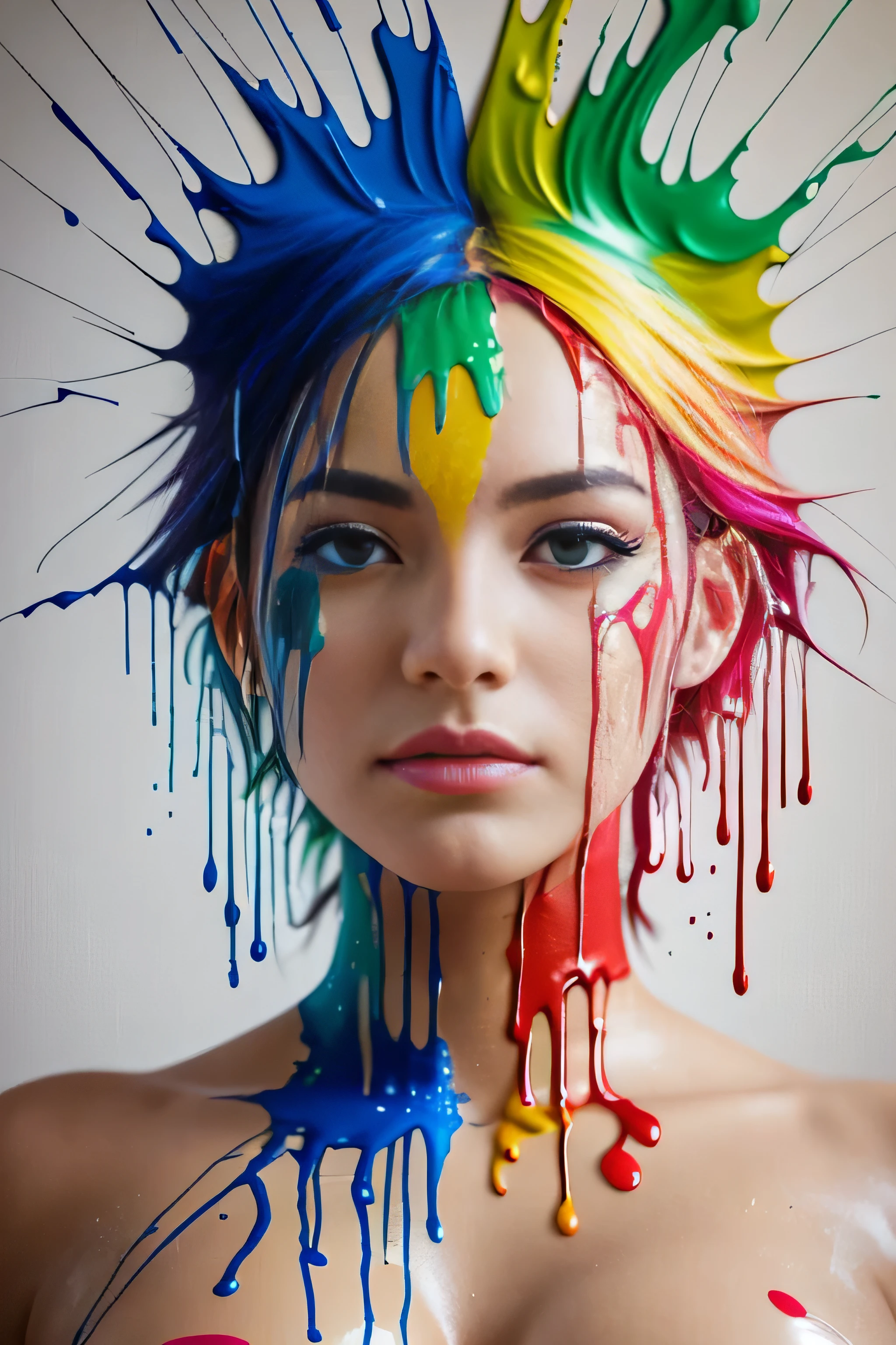 RAW image quality, (level difference:1.8),(Paint collides and splatters on the canvas),(written boundary depth),1 girl, , Japanese, ((Lots of colorful enamel paints:1.4)), (exposed to explosive amounts of paint:1.4), (Liquid Paint Rainbow Hair:1.1) paint、defy gravity,thick stream,(Paint splatters:1.3), (hide something big with both hands:1.4), liquid state,amazingly beautiful, masterpiece, detailed background,Super high quality model, amazing background,abstract beauty, (((A lot of paint drips, cover most of the naked body.:1.4))), (((A large amount of paint so that the shape of the chest is no longer visible:1.4))), ((colorful full body paint:1.4)), explosive volumetric, Oil,Heavy Stroke,romantic lighting,Scattered beneath the surface,lens 135mm,f1.8,shine,8K,High resolution, dream-like,ray tracing,HDR,god&#39;light,