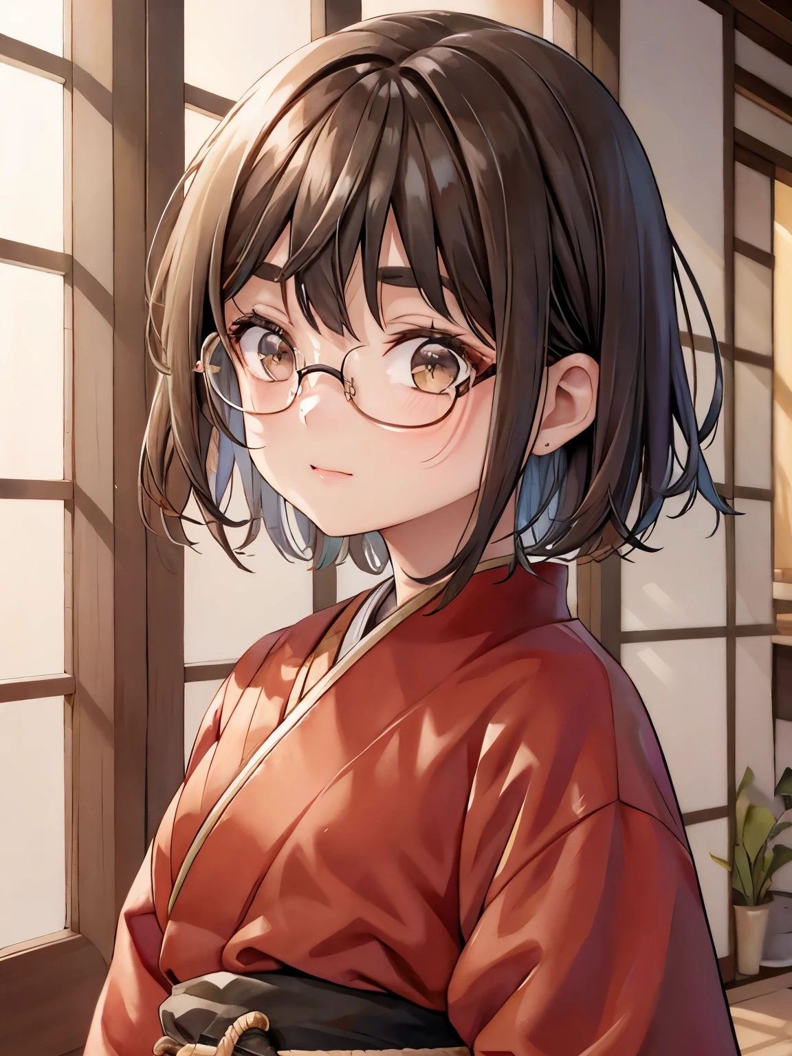 Glasses, short hair, shrine maiden clothes, thick eyebrows, troubled, sweating