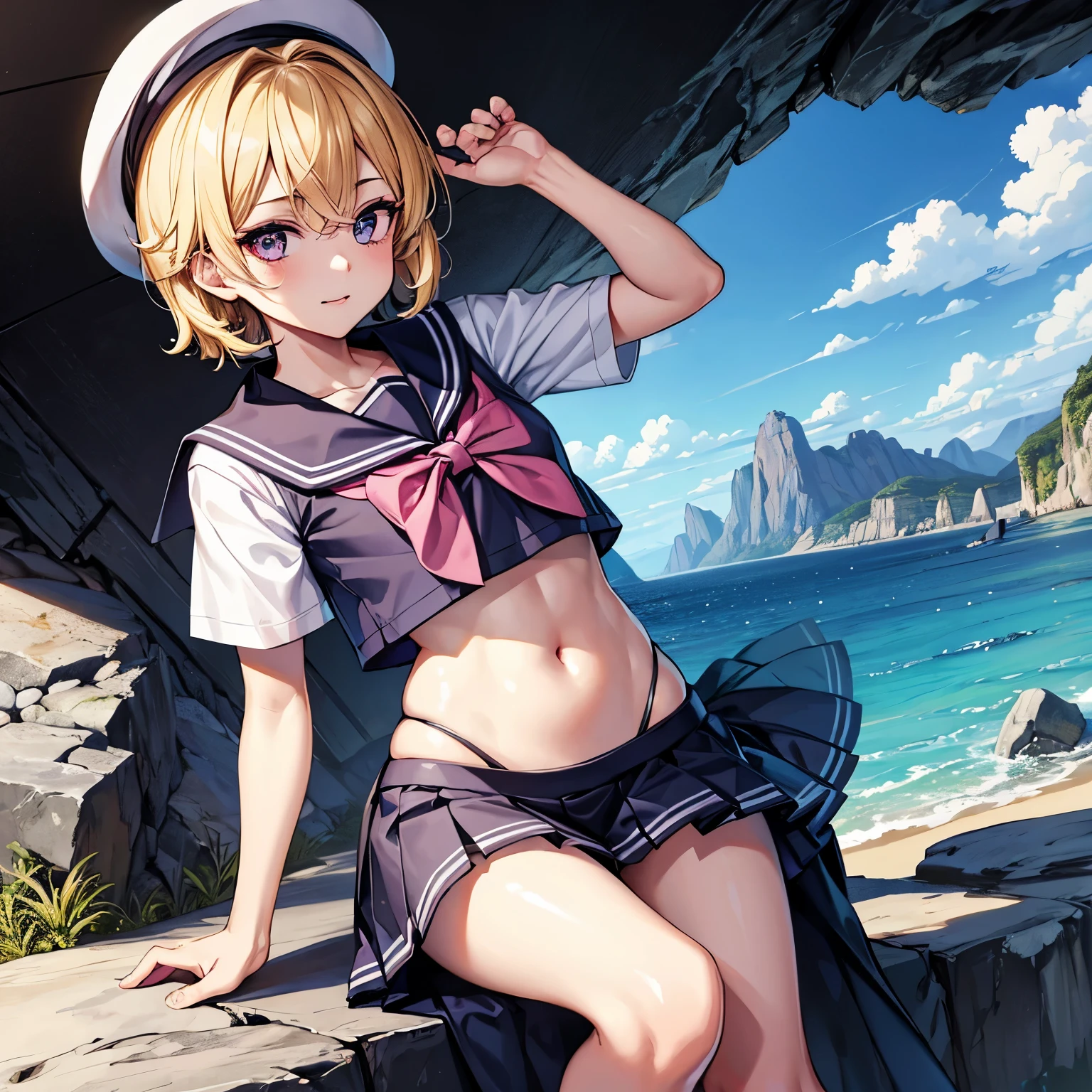 (masterpiece), 1boy, solo, best quality, expressive eyes, perfect face, (young boy, pretty boy), blond hair BREAK pink eyes BREAK sailor uniform, sailor hat, skirt, mountains, rocks, :D, exposed navel 