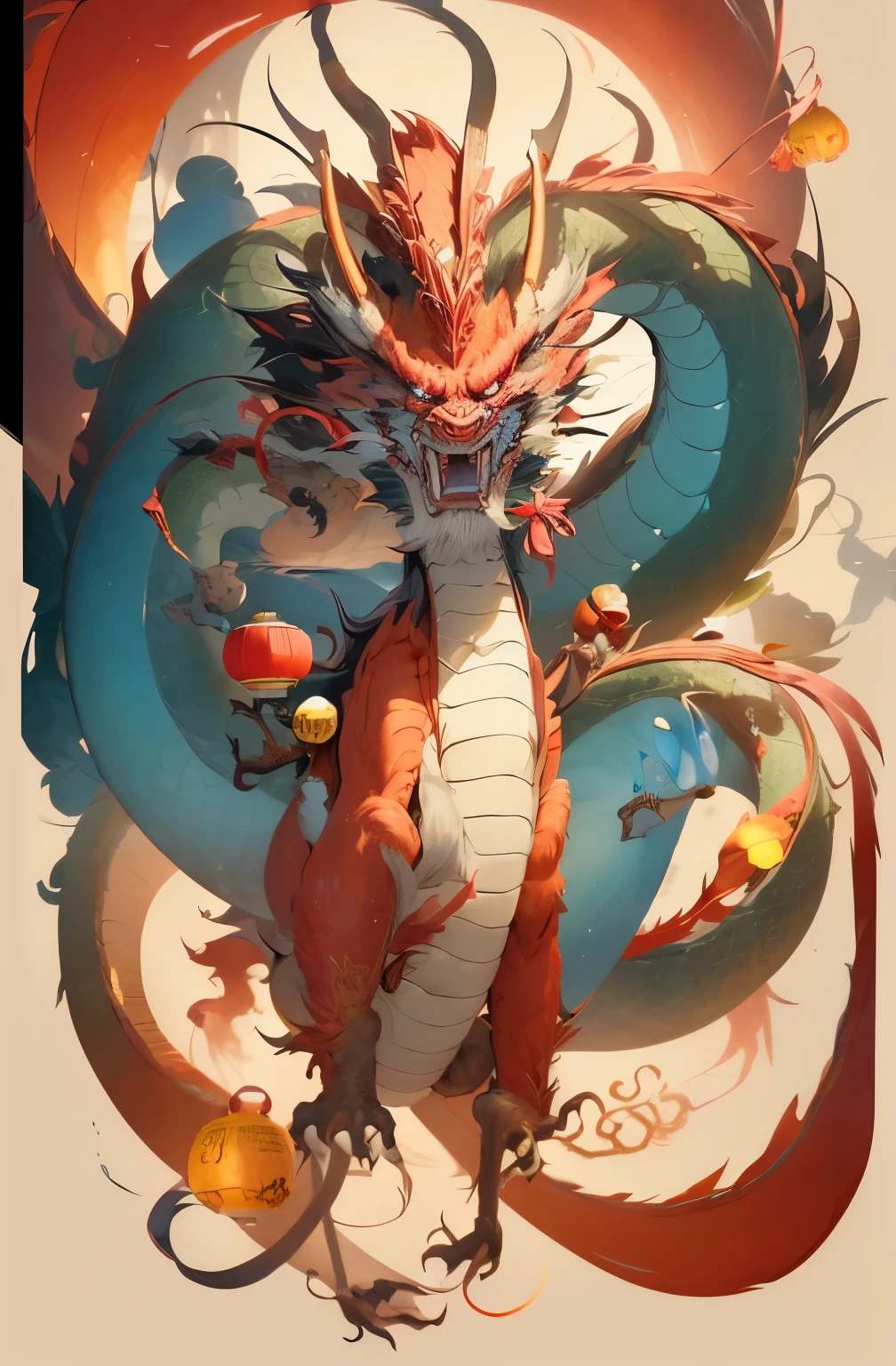 Illustration of cartoon chinese dragon holding lantern and lantern, rossdraws global illumination, Lovely numbers, Character Design Contest Winner, Popular topics on cgstation, Lovely and detailed digital art, rossdraws cartoon vibrant, by Ryan Ye, Kirill Kotashev's style, Inspired by Puhua, CG Society!, sun wukong, Monkey King, Wojtechfors