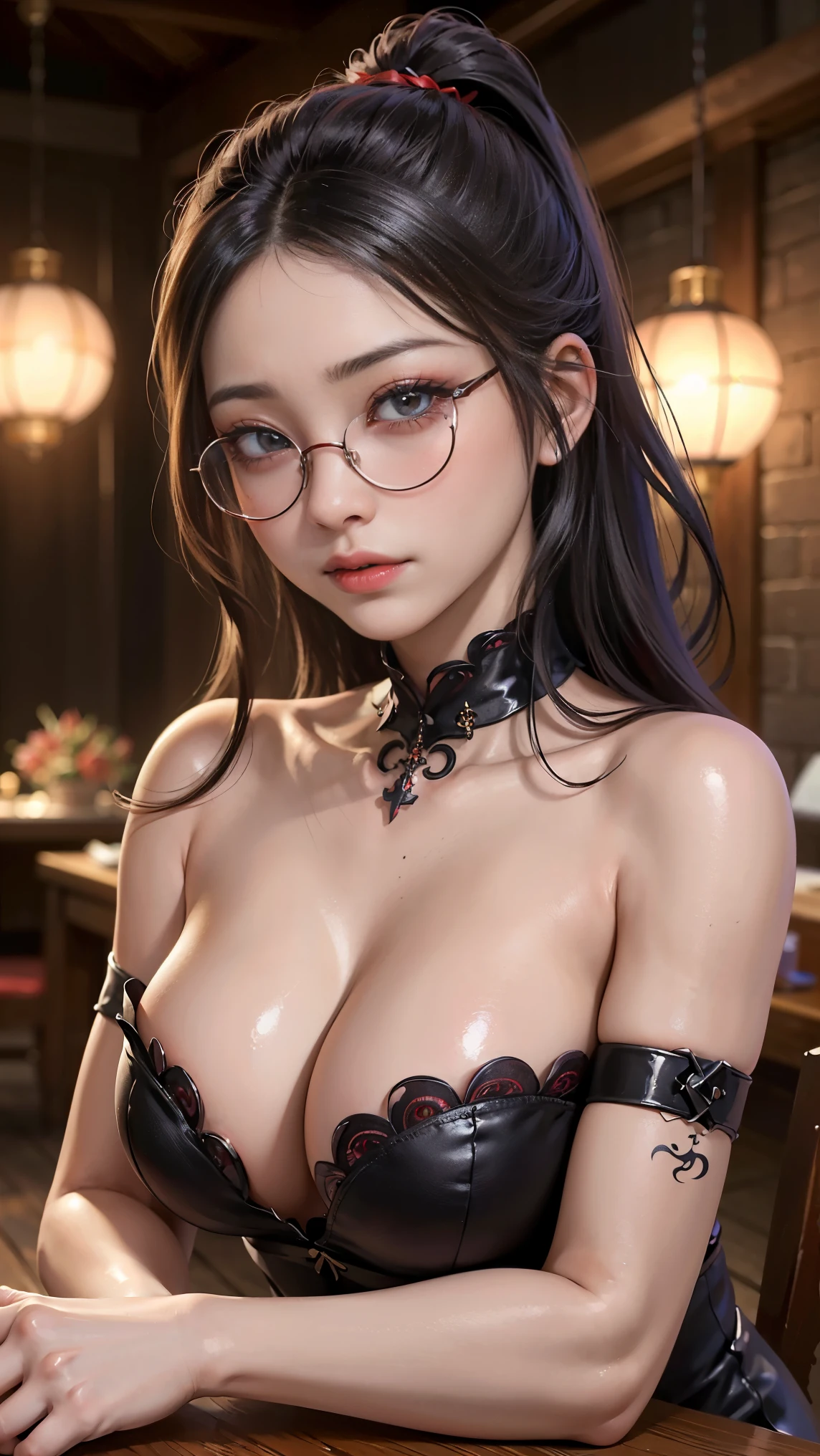 (best illustrations)、8k UHD resolution、intricate details、highest quality、realistic、Super detailed、best lighting、best shadows、soft lighting、Ultra HD、超realistic、Tyndall effect、Photoreal、(high detail skin:1.2)、 (intricate details, Complement, face to face_v1:0.5), (beautiful and delicate face, beautiful and delicate eyes, perfectly proportioned face, high resolution skins, fine skin, Optimal ratio of 4 fingers and 1 thumb, arm under chest, red tattoo on lower abdomen、wow wow, wide hips, smooth abdomen, thin and thin skin, __fashion__, __hair__:1.25)、Digital single-lens reflex camera、 absurd、(table top: 1.3), (maximum resolution: 1.2), (Ultra HDTV: 1.2), cinematic light, fine eyes and skin, detailed facial features, , (sharp focus: 1.2）, (focus on face:1.2),perfect style, beautiful face, acura, anatomically correct, Highly detailed face and skin texture, fine eyes, double eyelid, thin eyebrows, glitter eyeliner: 1 natural cheeks, Glossy skin, Fair skin: 1.2, (glossy lips: 1.4),(embarrassed look: 1.2),Highly detailed face and skin texture, fine eyes, double eyelid, natural cheeks,  glossy lips: 1.4,exposed cleavage、Bewitching。charm、 地獄から来た美しいdevilの女性, Surreal female portraits by David Hockney and Alphonse Mucha, charm女性の肖像画、fantasy art, chinese doll、Chinese actress、dungeon、dragon、devilの宮殿、devilの拷問室、night、dark style 、in the dark、(detailed spooky background:0.8), magic、 1 girl、evil nun、dark necromancer、Succubus、devilの娘、Shinonome Umi、bat wings，(((devilの角)))、 ((((round glasses)))),(((big breasts)))、(devil&#39;tail)、(red eyesは光り輝いて:1.6)、red eyesは非常に鮮明で詳細です, your eyes are made up so beautifully, ((red eyes:1.0)),intricate tattoo, demonic intricate tattoo, Tattoo on the thigh, body tattoo, masterpiece、最もbeautiful face、baby face、cute smile、beautiful plump red lips、筋肉のcharm体、devilのcharm体、devil style、charmブラックマジックコスチューム、長hair、Braid、黒hair、ponytail、beautiful expression、body up、big breasts強調、bust,  super tight chest, Breast augmentation surgery, The chest is very large and round,tight waist、wide ass、 secret key, cowboy lens, (Black Phoenix Dress: 1.0),  devil crown,  red sparkling gemstone necklace、Jewelry G Wise,  Please wear black mesh socks,Wear light red、nffsw, nffsw, meet beautiful girls, look at the girl&#39;s body, 部屋でポーズをとる角とdevilのメイクを持つセクシーな女性, Renji Murata and Art Germ, 超realistic女子高生, japanese goddess, 美しいcharm的なアニメの女性, biomechanics , seductive anime girl, beautiful succubus, surreal , highly detailed art germ, hyper realistic anime, Captivating portrait of Tifa Lockhart