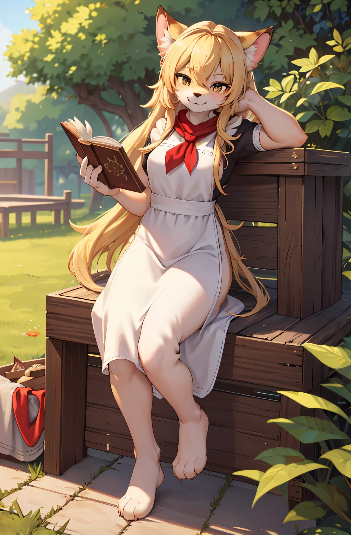 solo,masterpiece, 8k,best quality ,furry girl,8k,hdr,hires,high detail fur,
outdoors,servalcat,holding_book
perfect anatomy,blonde,long hair,look at looking at viewer,(white apron:1.1),red neckchief