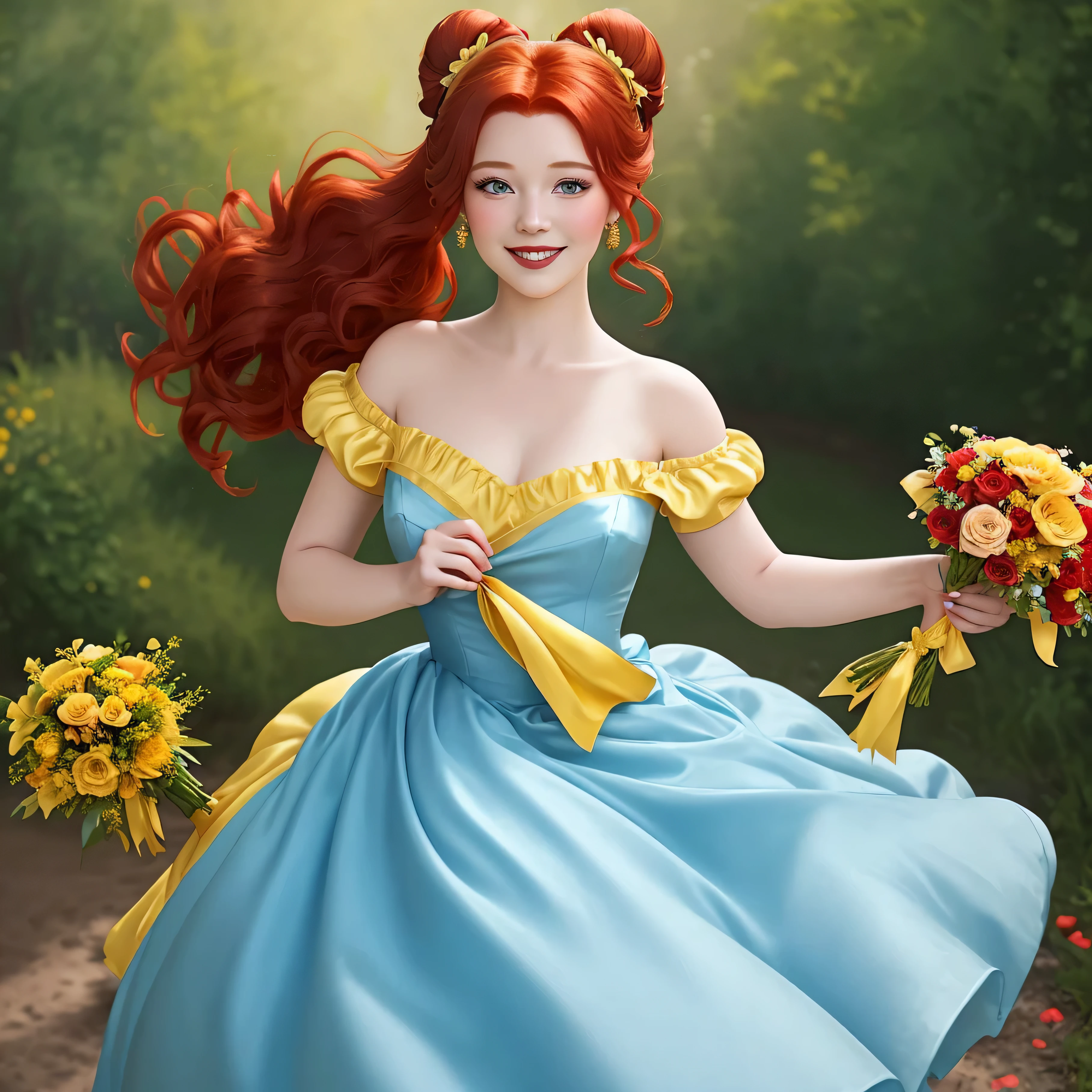 
Princesa Belle no estilo Disney, red hair tied into a bun adorned with a small bow, usando um vestido de seda amarelo, holding a bouquet of flowers, corpo todo, olha para cima, posicionado perfeitamente centralizado contra um fundo azul claro sem adornos, sorriso de olhos abertos, cinematic lighting, arte digital, Muito limpo
