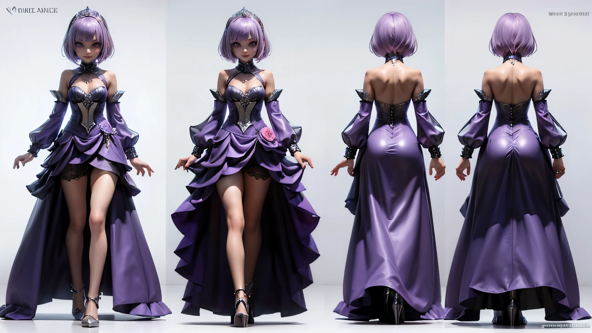 (Beautiful woman:1.1) , (light pink bob cut:1.1), 18歳, smile, silver tiara, (purple Princess dress:1.1), cyberpunk style, 4 View Drawings, Right side and left side and front and back, Character Sheet, Full body, Simple white background, character reference sheet, Concept art, full body adoptable