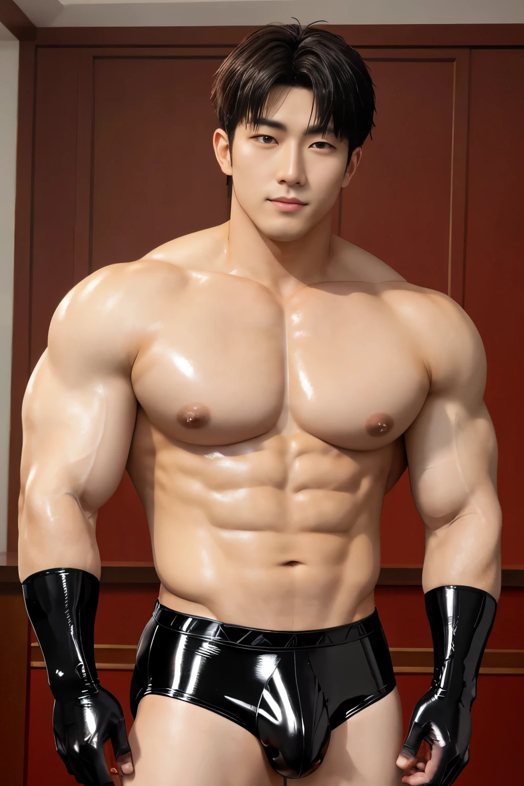 HOMEM COREANO, SEM CAMISA, PEITO MUSCULAR, volume na cueca, bulge,   grande, latex clothing, roupa brilhosa, roupa colada