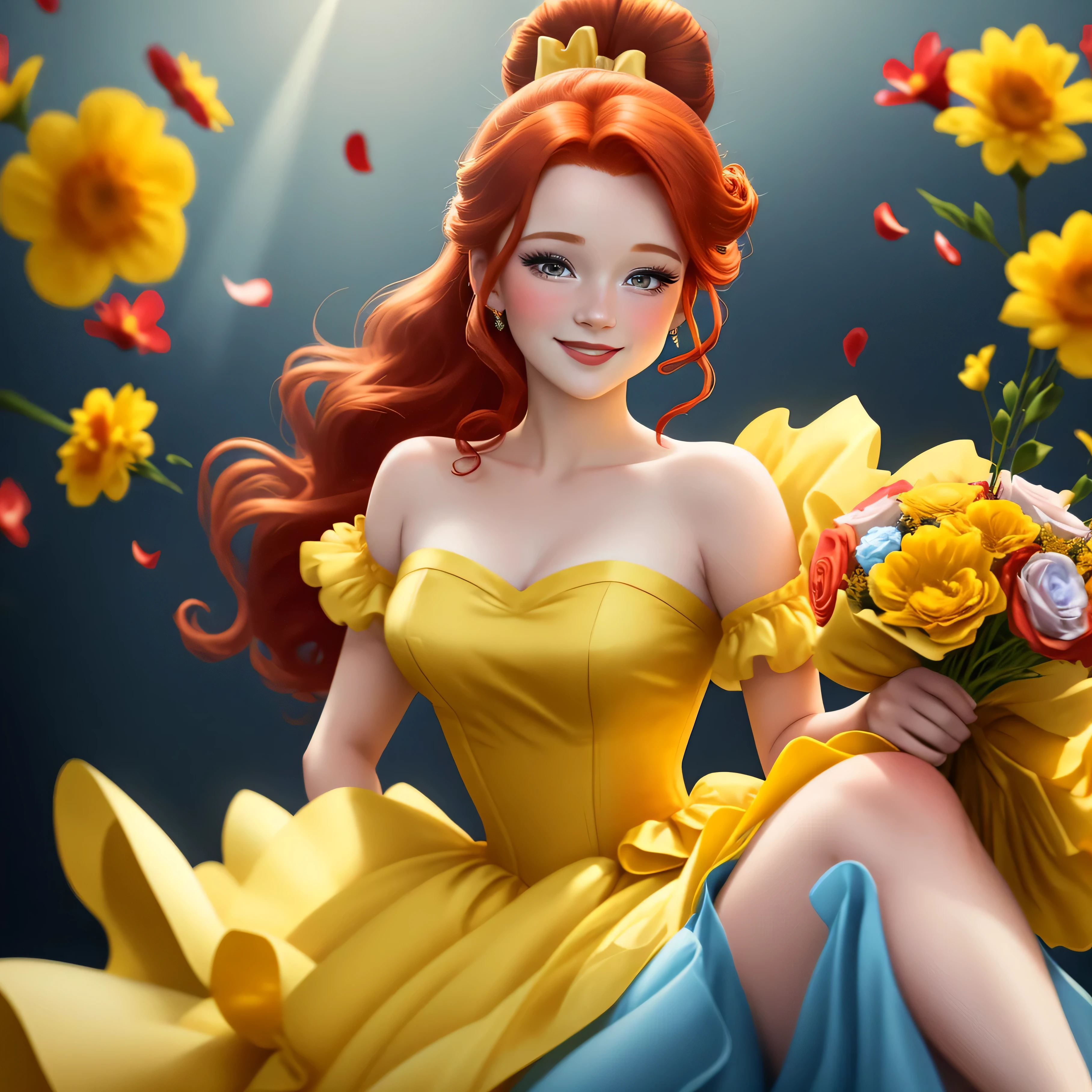 
Princesa Belle no estilo Disney, red hair tied into a bun adorned with a small bow, usando um vestido de seda amarelo, holding a bouquet of flowers, corpo todo, olha para cima, posicionado perfeitamente centralizado contra um fundo azul claro sem adornos, sorriso de olhos abertos, cinematic lighting, arte digital, Muito limpo
