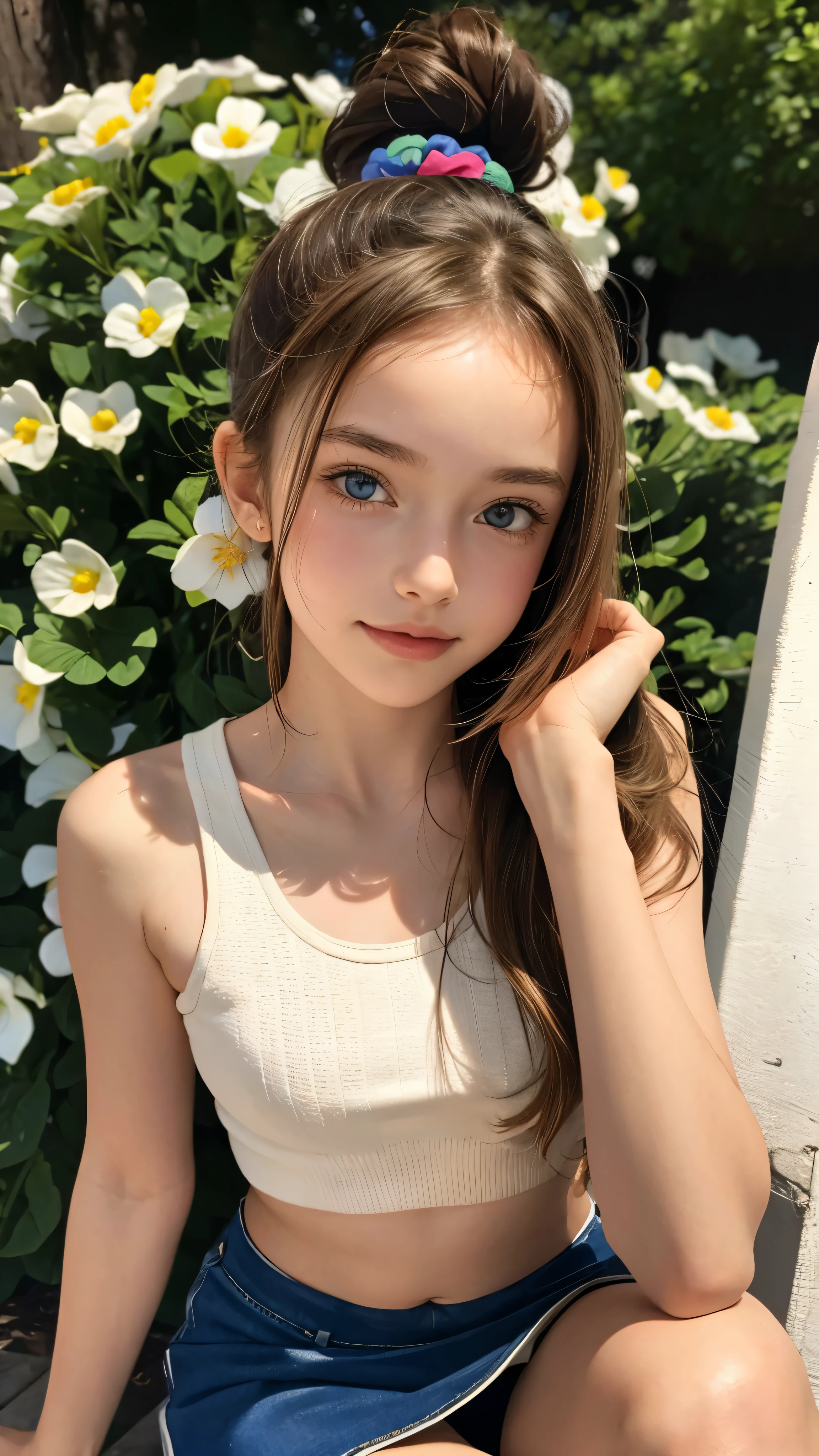 18-year-old, adorable, British girl, , portrait ,Tank top((mini skirt))、Thighs Thighs Nose:1.1), hair scrunchie, Beautiful ponytail  , (high color saturation,catch light:1.0),  (highly detailed skin), (highest quality:1.0), (ultra high resolution:1.0) ,(realistic:1.0), (Super detailed:1.0), (8K, RAW photo:1.1),( smile:0.8),looking at the viewer