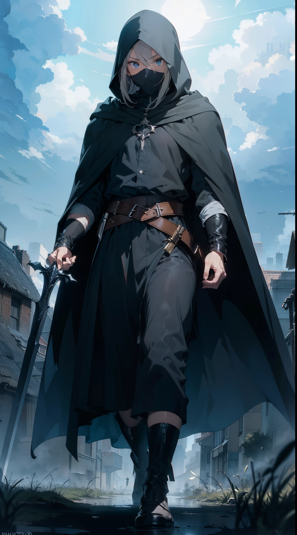 (anime: 1.2, Mysterious Person: 1.2), arafed image of a man in a black cloak and hood holding a sword, wearing a black cloak, dressed in a black cloak, nazgul, wearing in black cloak, cloaked, hooded cloaked sith lord, dark cloaked necromancer, wearing cloak on blasted plain, inspired by noah bradley, nazgul from lord of the rings, grey field, cloudy sky